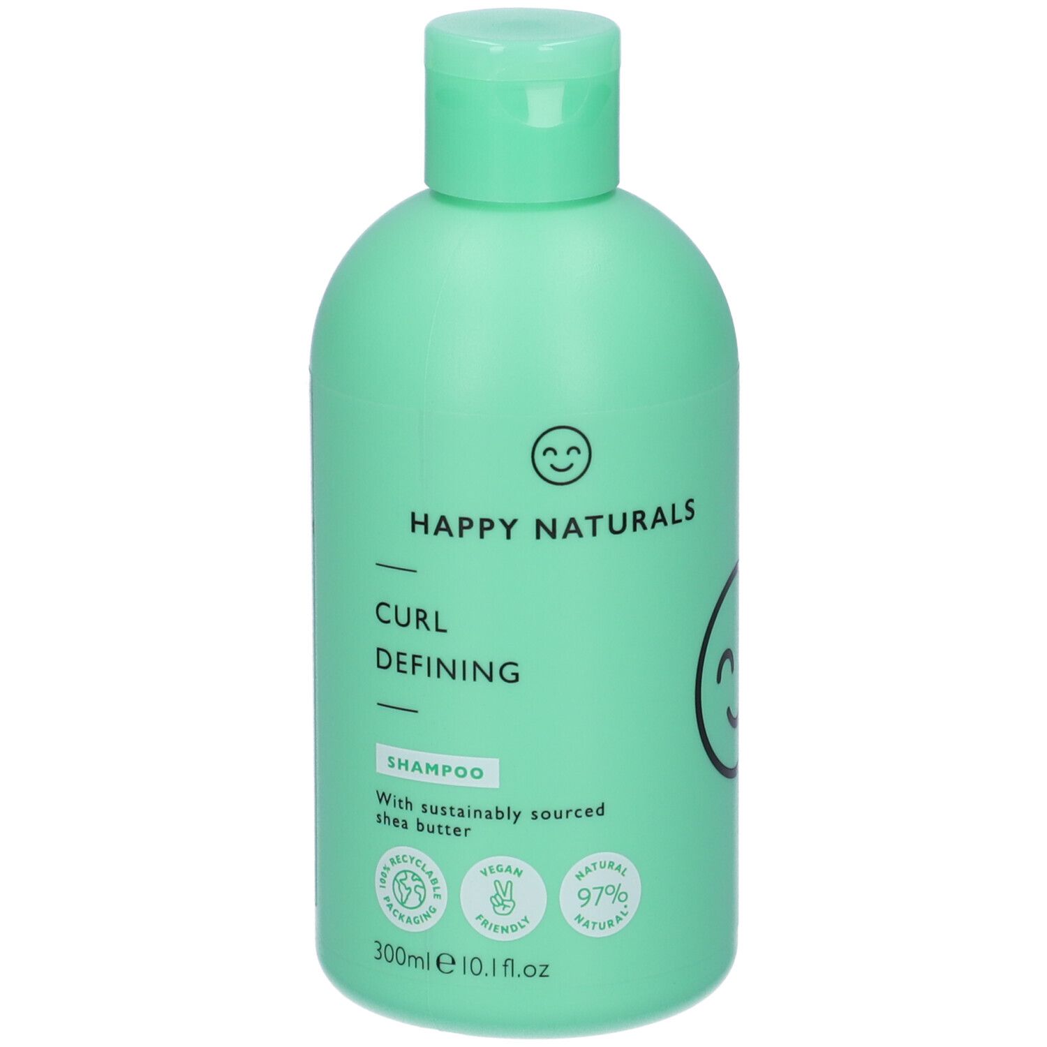 Flacone di shampoo verde chiaro con HAPPY NATURALS, CURL DEFINING. Loghi e testo visibili.