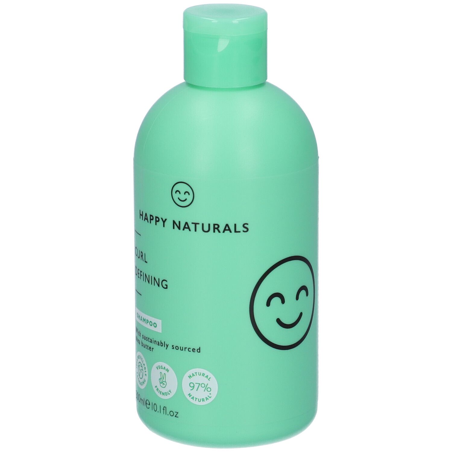 Flacone di shampoo verde chiaro con HAPPY NATURALS, CURL DEFINING. Loghi e testo visibili.