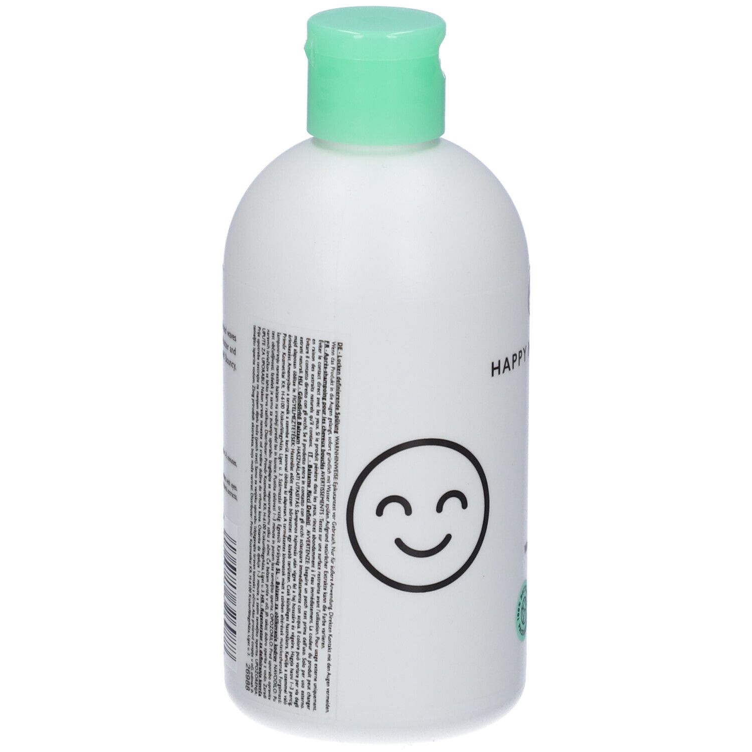 Retro del flacone bianco con tappo verde. Testo e loghi. Simboli vegan e riciclo. Testo multilingue.