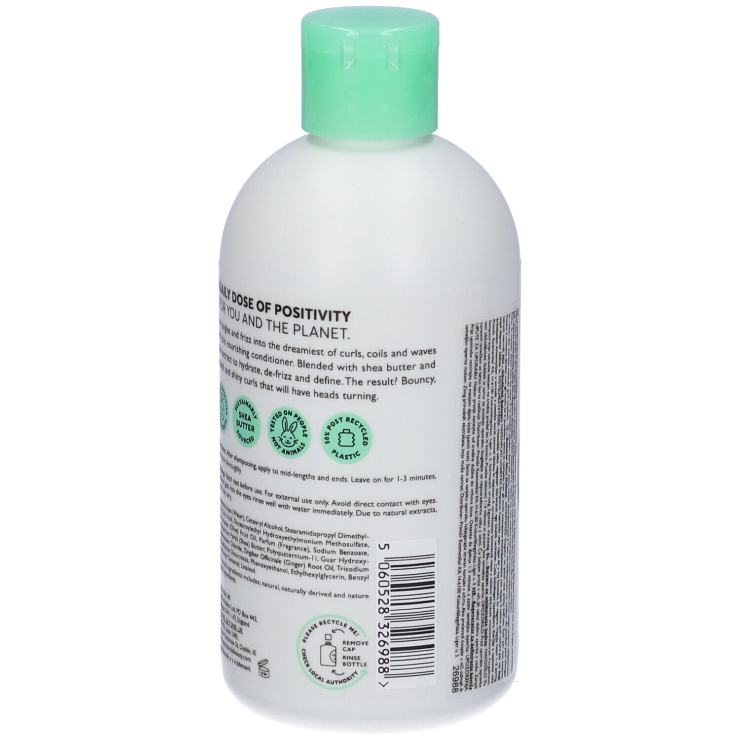 Retro del flacone. Testo: 'A DAILY DOSE OF POSITIVITY'. Simboli vegan e riciclo. Testo su ingredienti e uso.