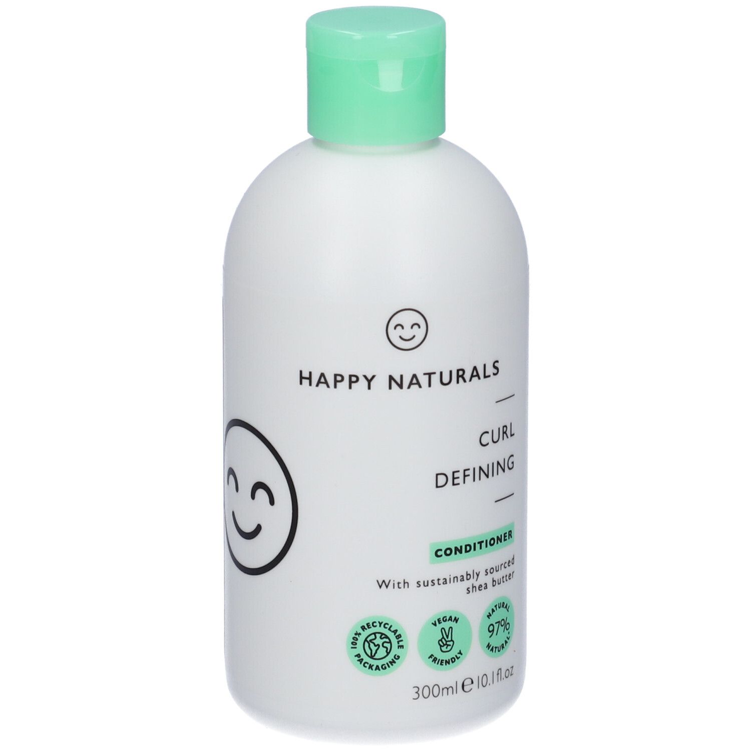 Flacone bianco con tappo verde. Scritta: Happy Naturals, Curl Defining Conditioner. Vegano, 97% naturale, imballaggio riciclabile.