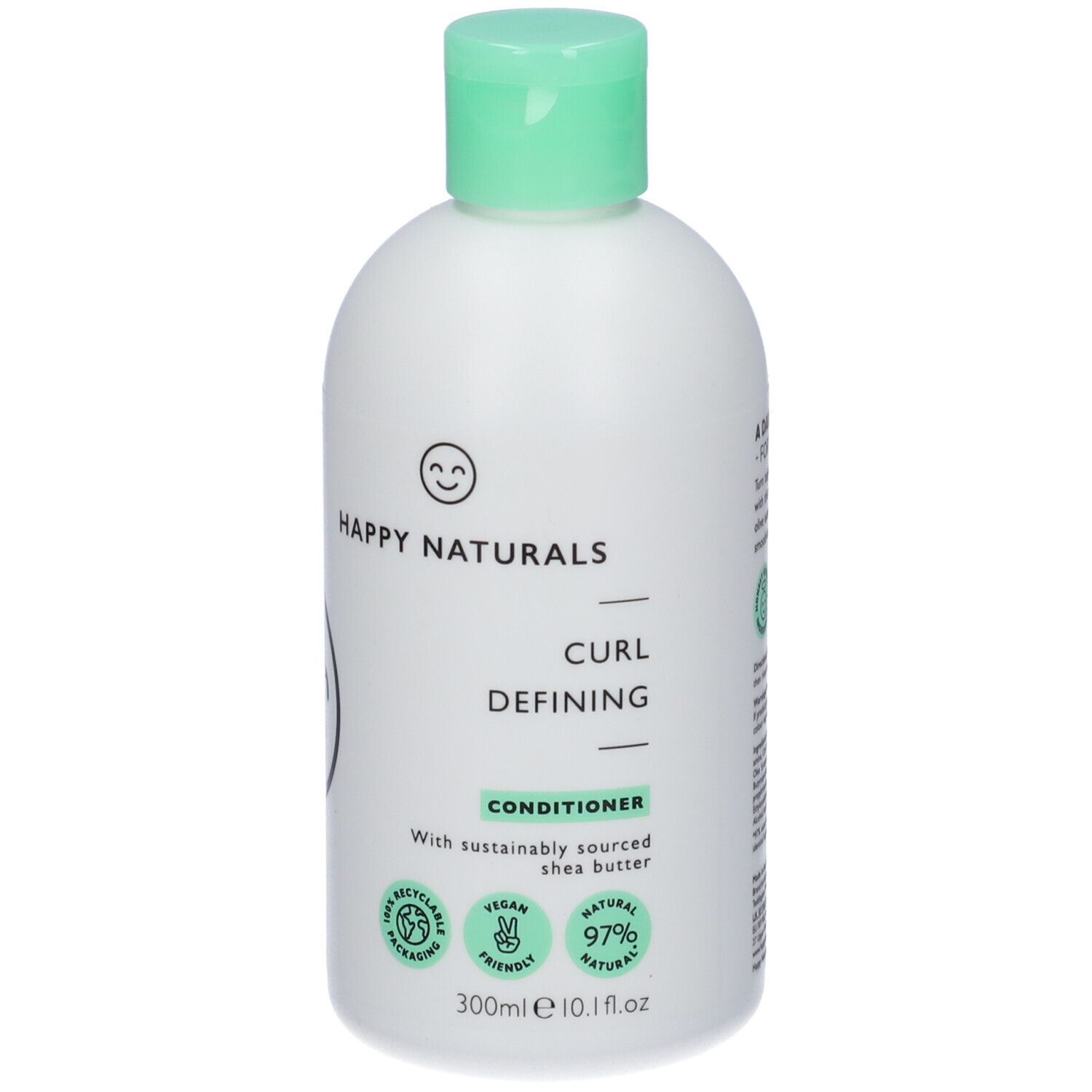 Flacone bianco con tappo verde. Scritta: Happy Naturals, Curl Defining Conditioner. Vegano, 97% naturale, imballaggio riciclabile.