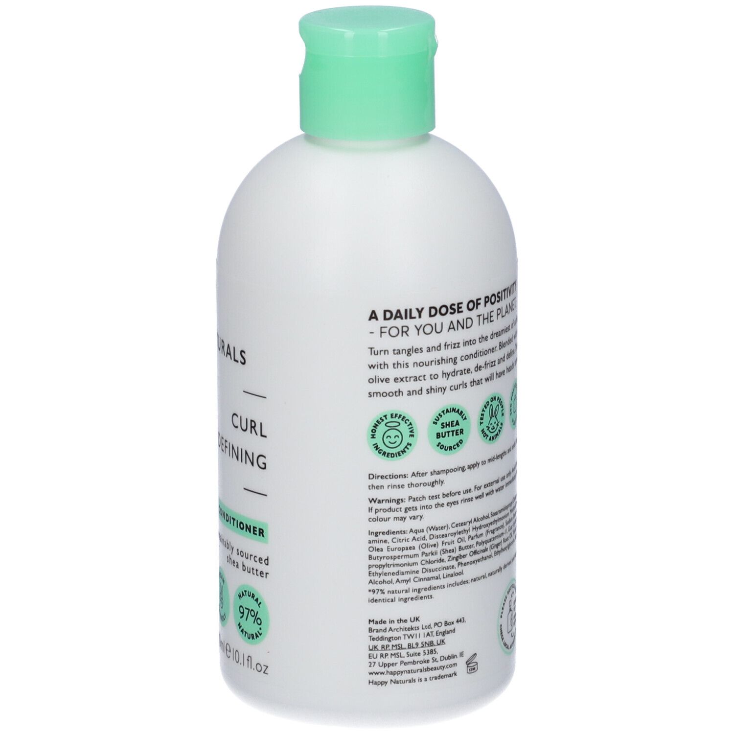 Retro del flacone. Testo: 'A DAILY DOSE OF POSITIVITY'. Simboli vegan e riciclo. Testo su ingredienti e uso.