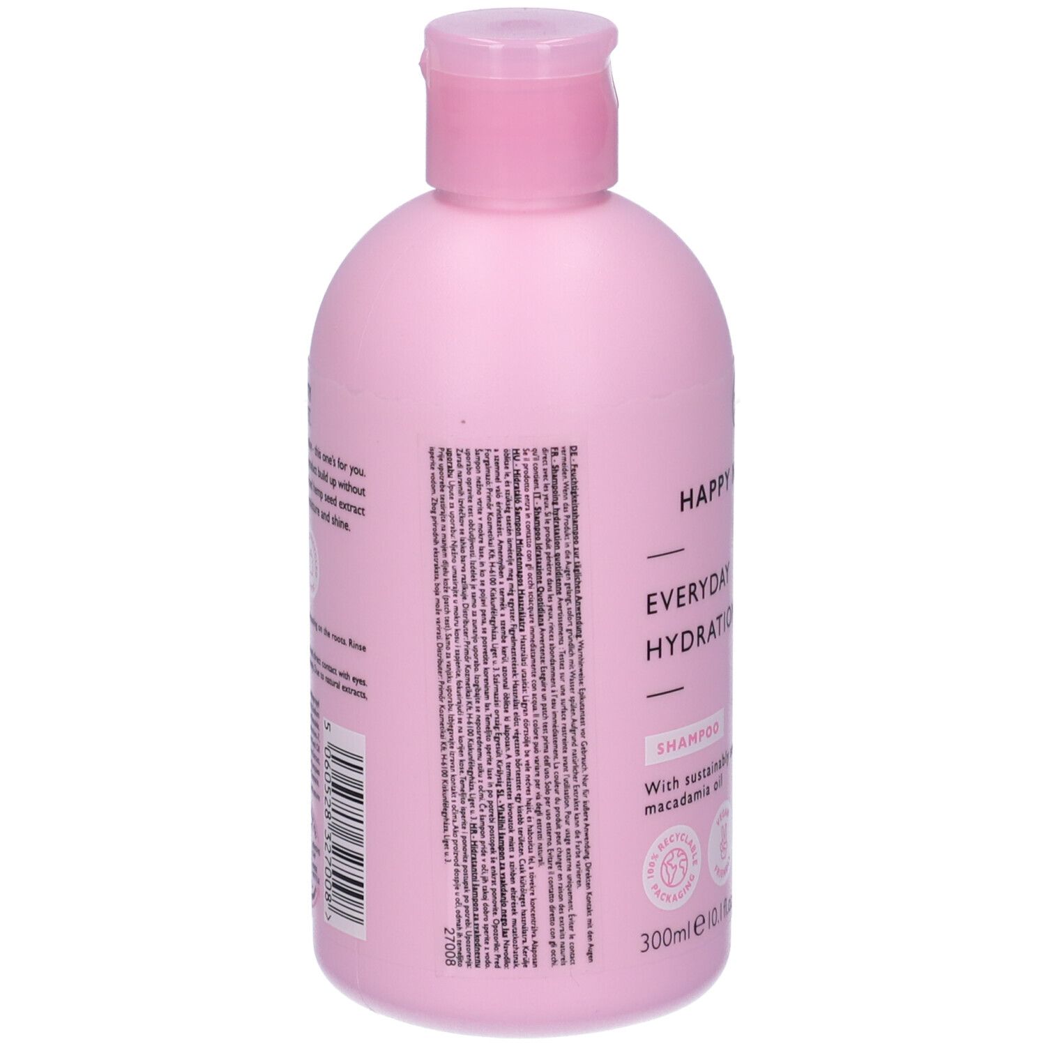 Retro del flacone di shampoo rosa Happy Naturals. Testo con ingredienti e istruzioni. 300ml.