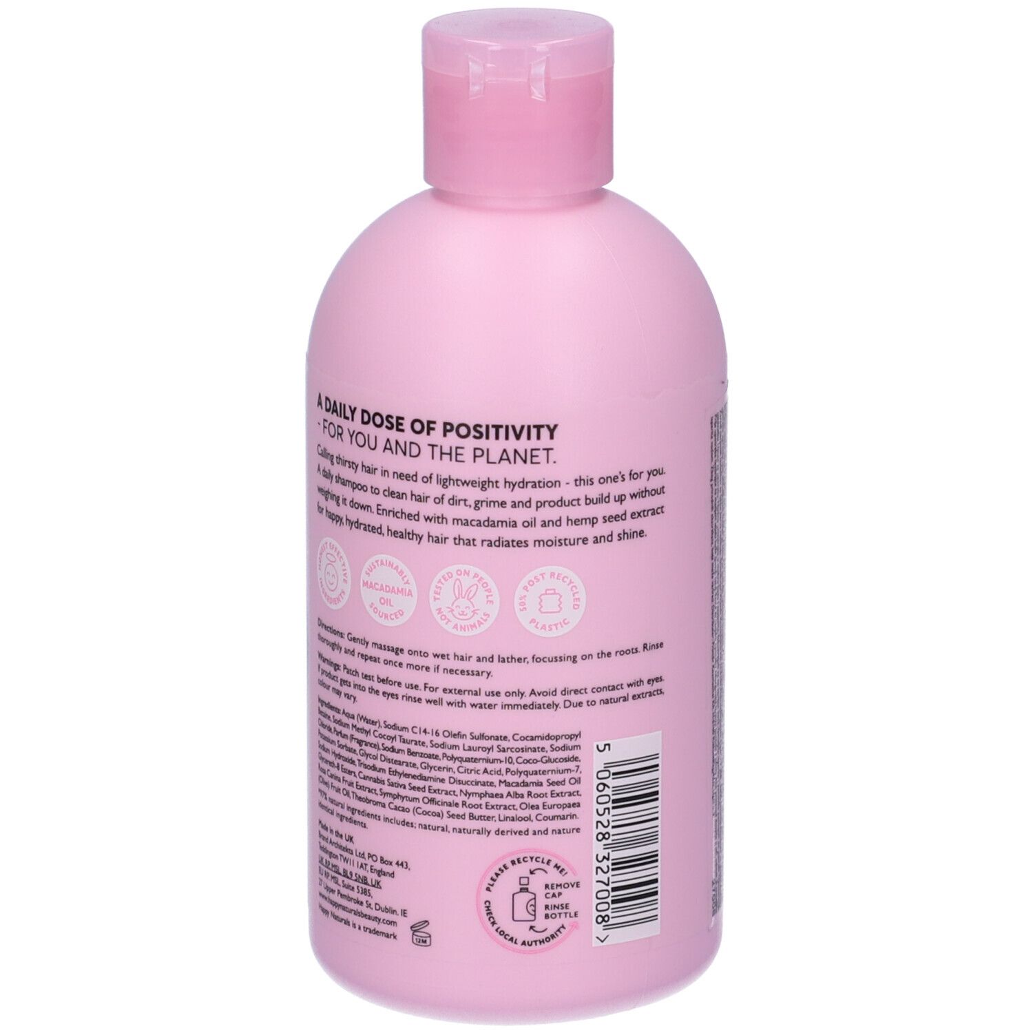 Retro del flacone di shampoo rosa Happy Naturals. Testo con ingredienti e istruzioni. 300ml.
