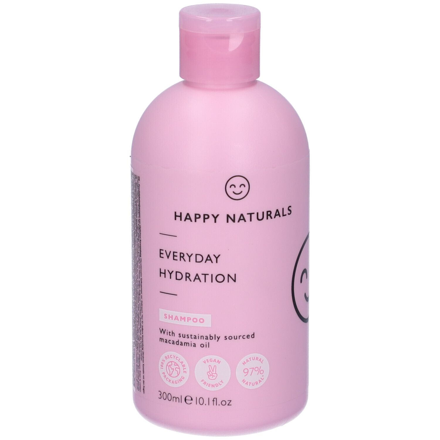Flacone rosa di shampoo Happy Naturals Everyday Hydration. Vegano, 97% naturale. 300ml.