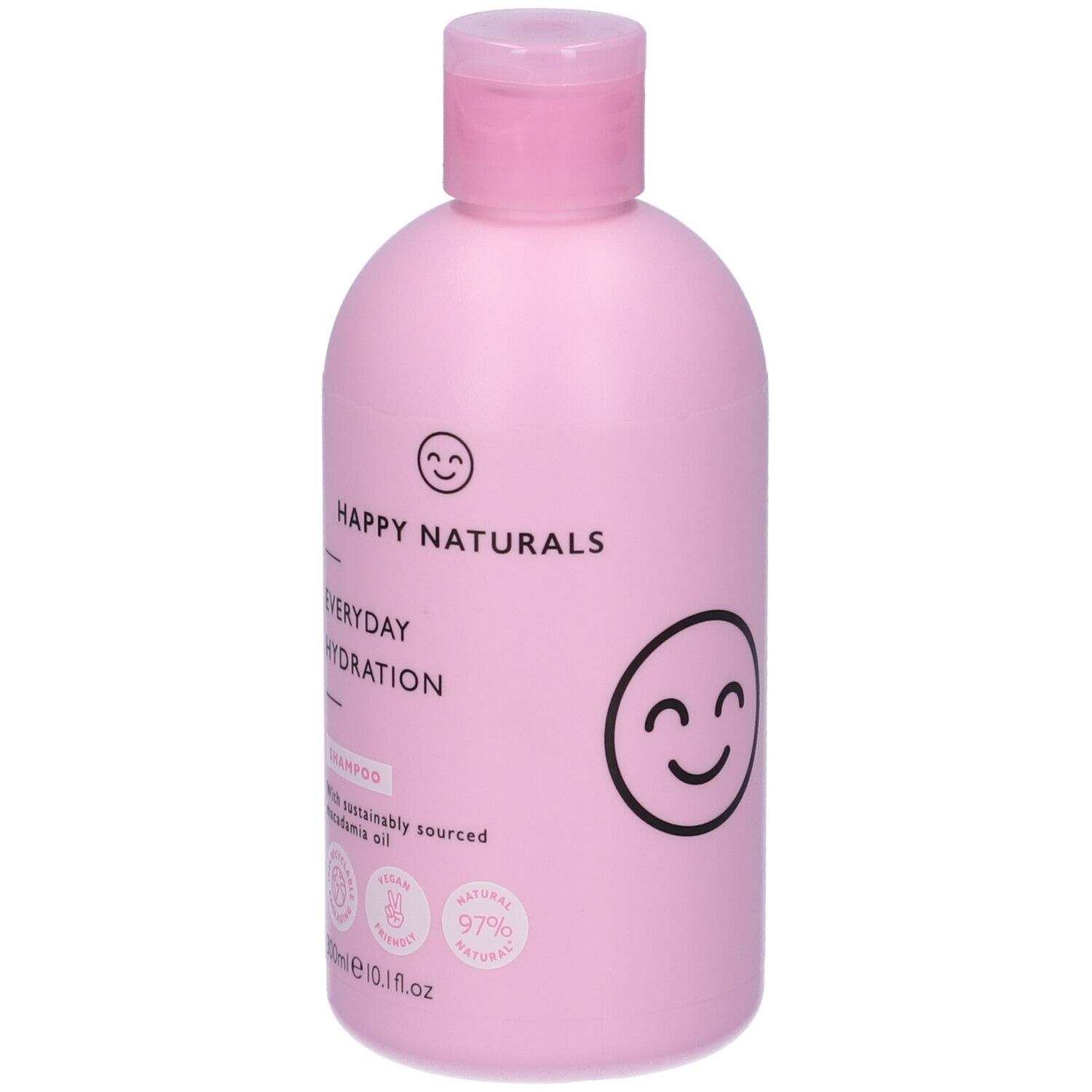 Flacone rosa di shampoo Happy Naturals Everyday Hydration. Vegano, 97% naturale. 300ml.