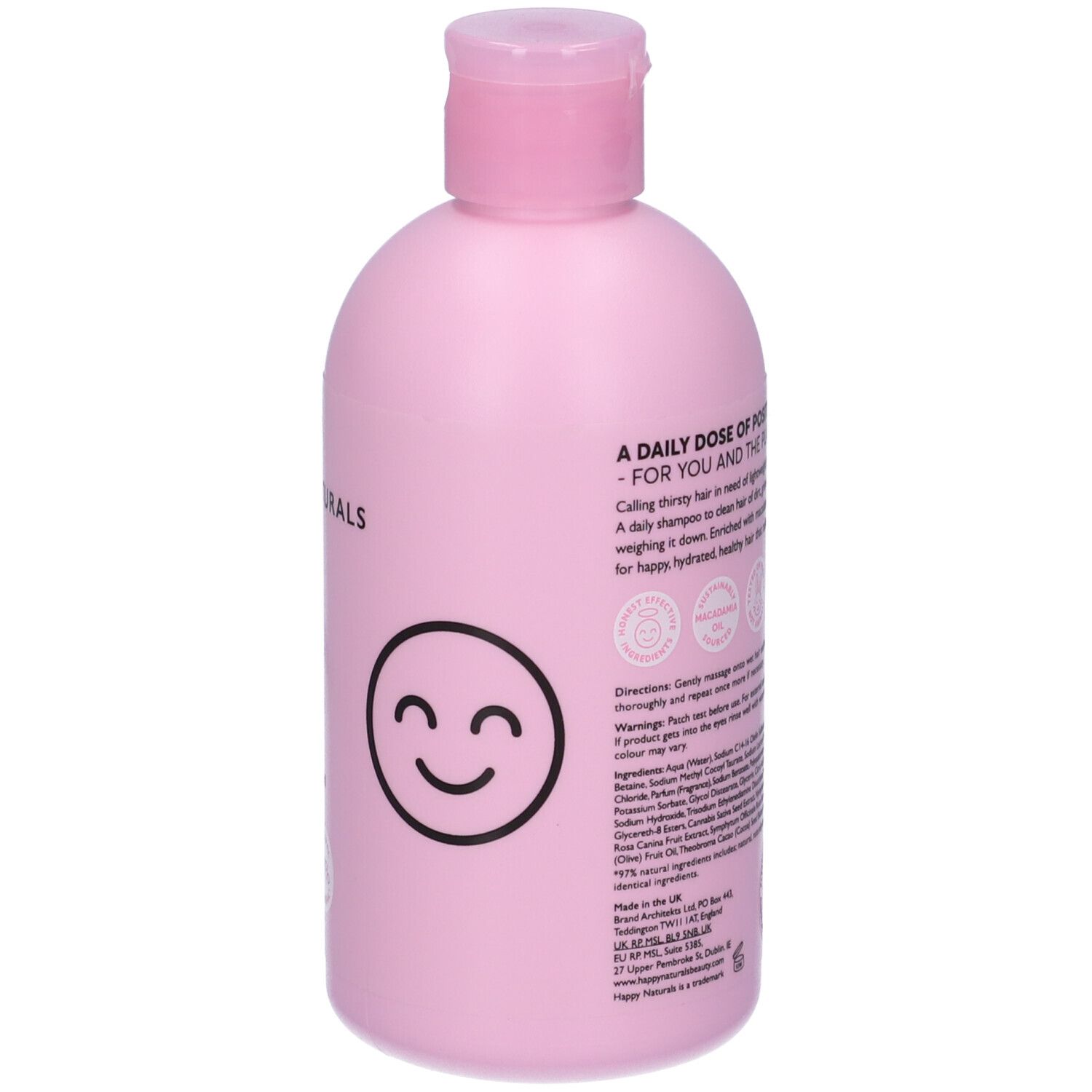 Retro del flacone di shampoo rosa Happy Naturals. Testo con ingredienti e istruzioni. 300ml.