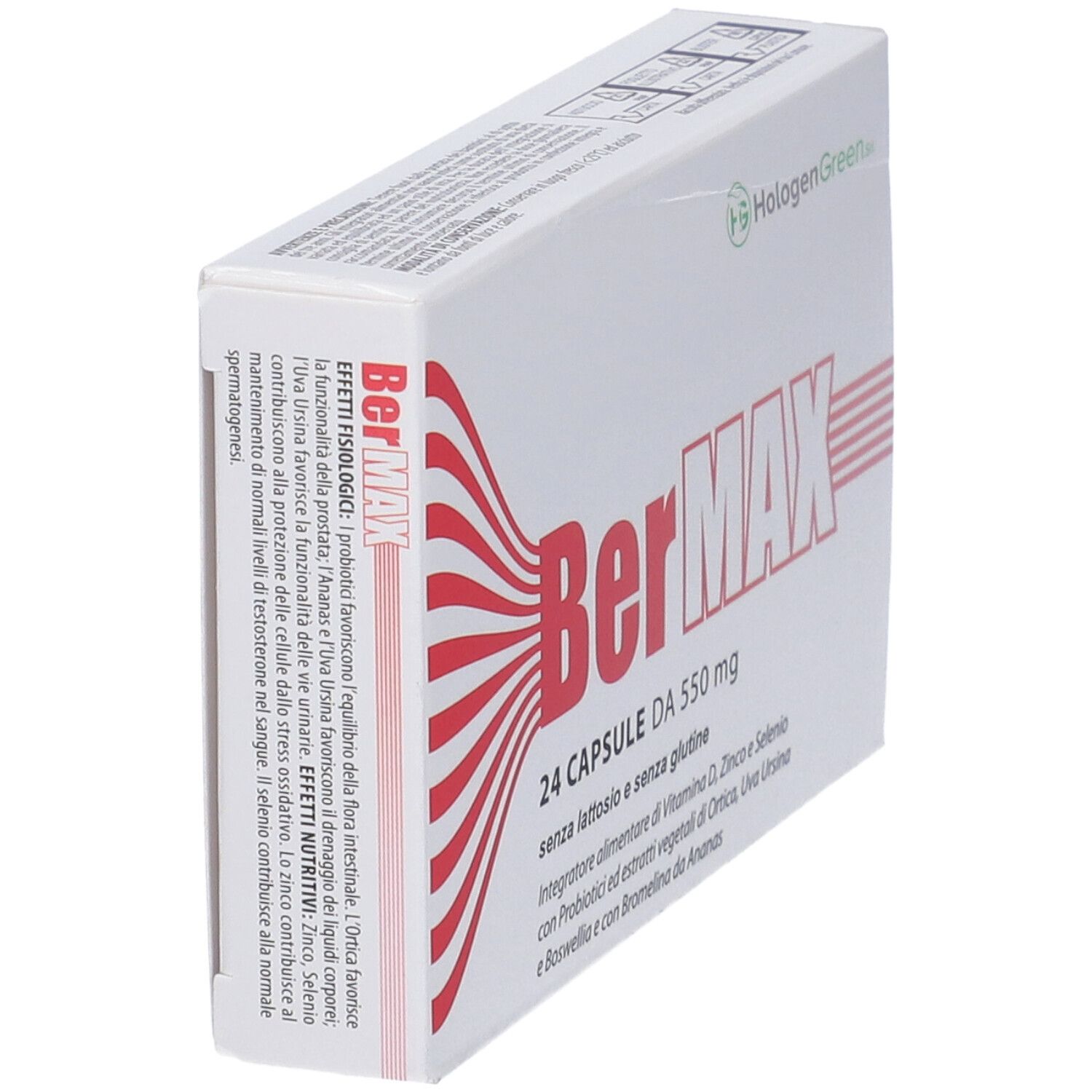 Scatola bianca BerMAX, 24 capsule. Contiene vitamina D, zinco e selenio. Senza lattosio e glutine. Vista laterale.