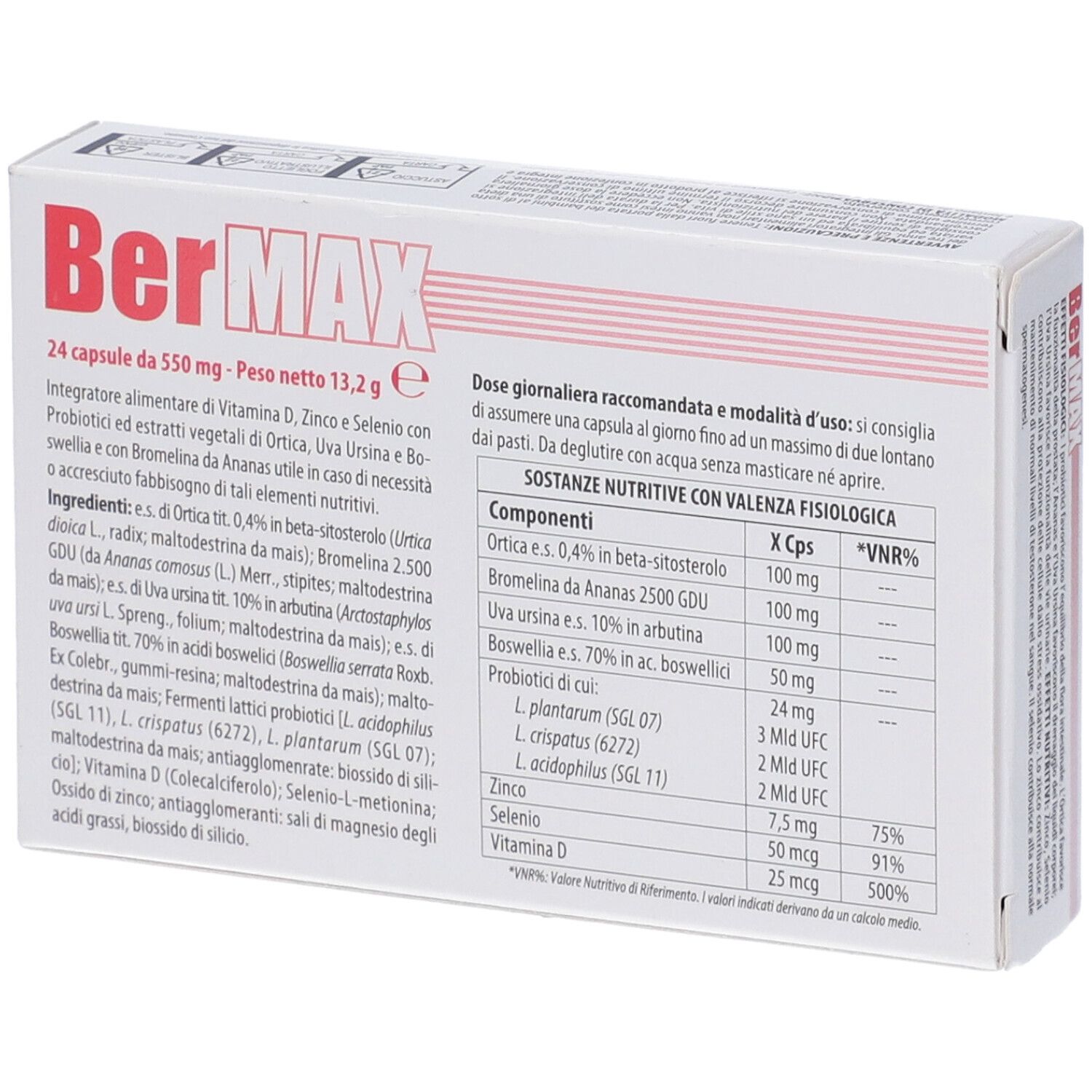Scatola bianca BerMAX, 24 capsule. Ingredienti e informazioni nutrizionali. Contiene vitamina D, zinco e selenio.
