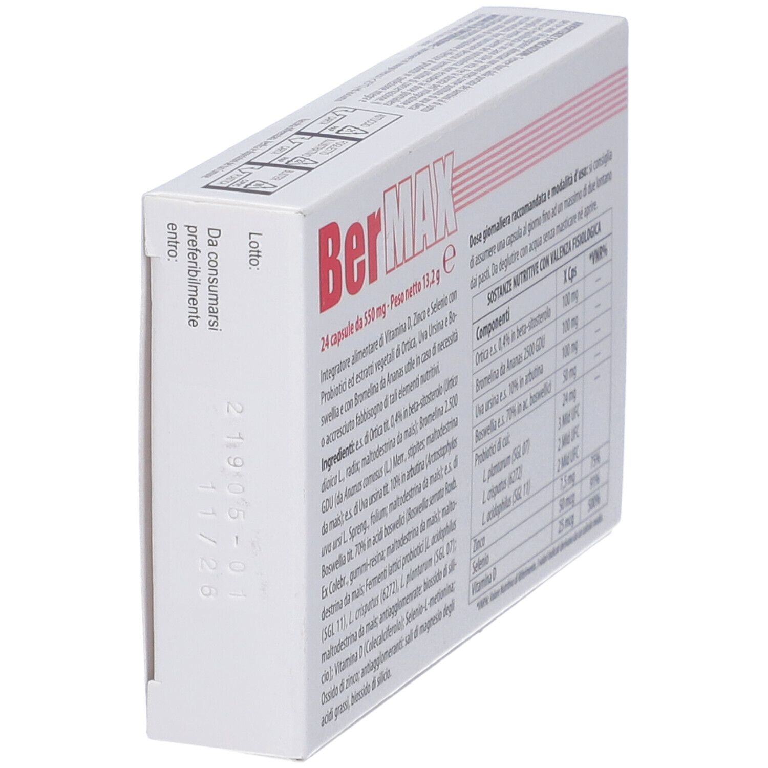 Scatola bianca BerMAX, 24 capsule. Contiene vitamina D, zinco e selenio. Data di scadenza. Vista laterale.