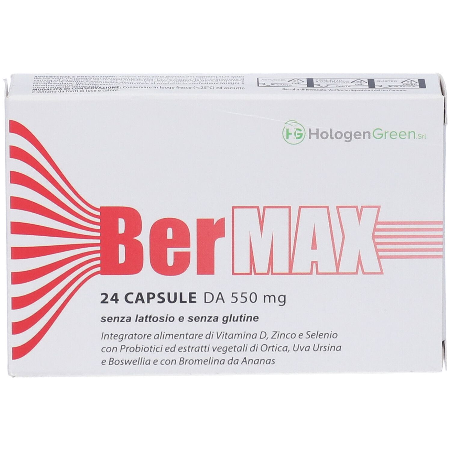 Scatola bianca BerMAX con 24 capsule. Contiene vitamina D, zinco e selenio. Senza lattosio e glutine.