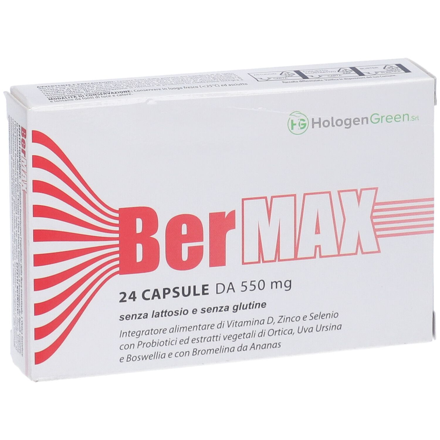 Scatola bianca BerMAX con 24 capsule. Contiene vitamina D, zinco e selenio. Senza lattosio e glutine.