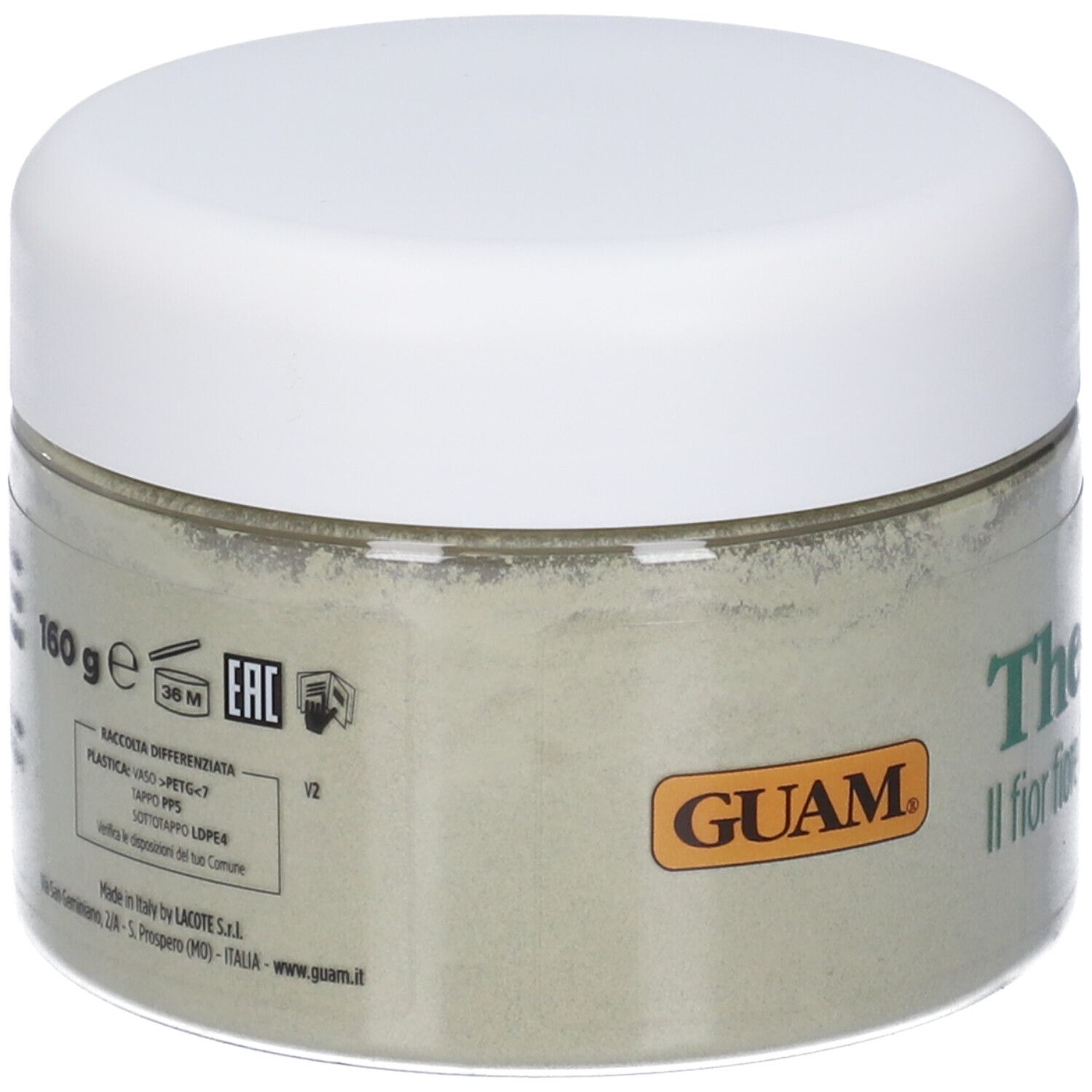 Vaso rotondo con coperchio bianco. Scritta: GUAM, The Secret, Il fior fiore Oro Verde dell'Alga. 160 g. Retro con testo e simboli.