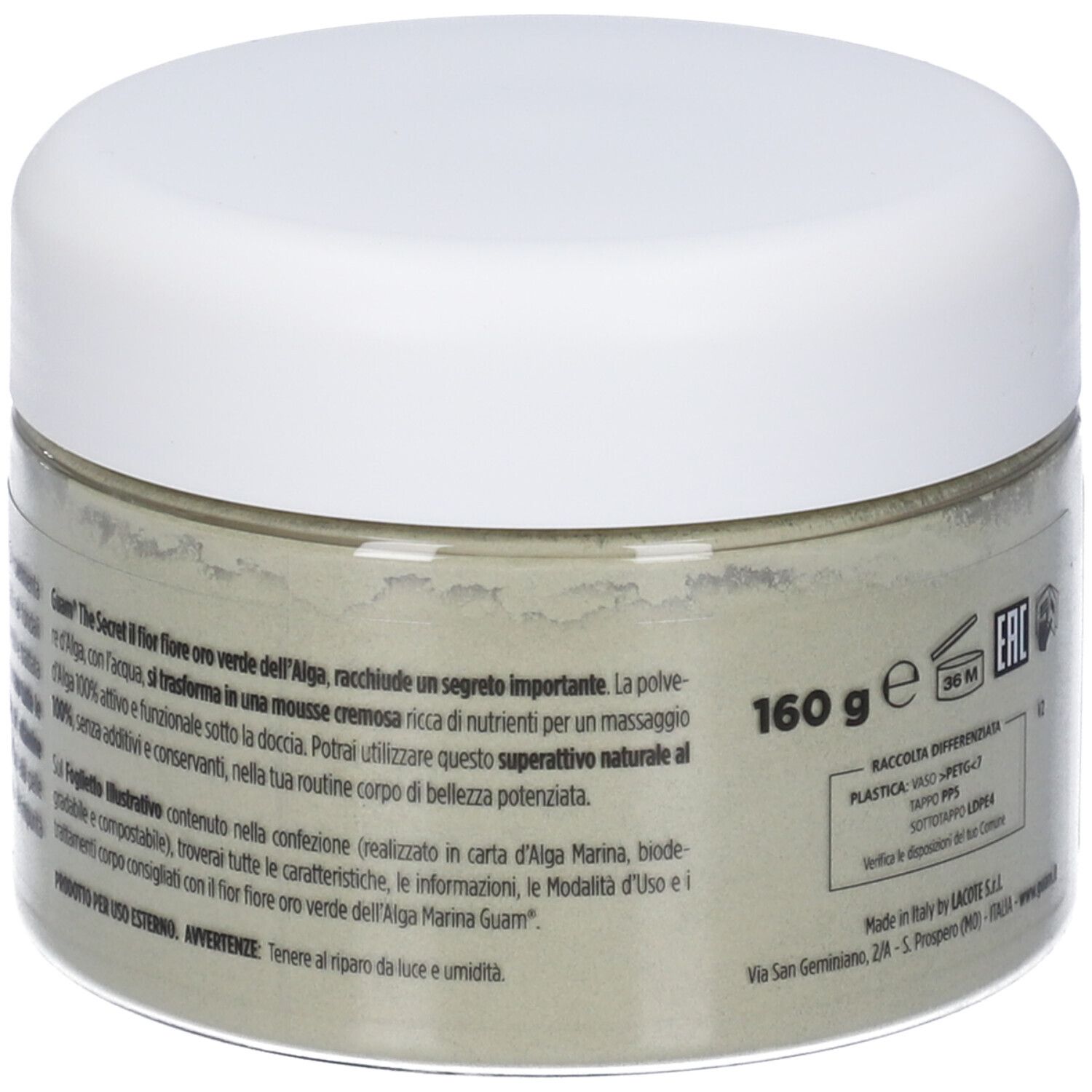 Vaso rotondo con coperchio bianco. Scritta: GUAM, The Secret, Il fior fiore Oro Verde dell'Alga. 160 g. Testo sul retro.