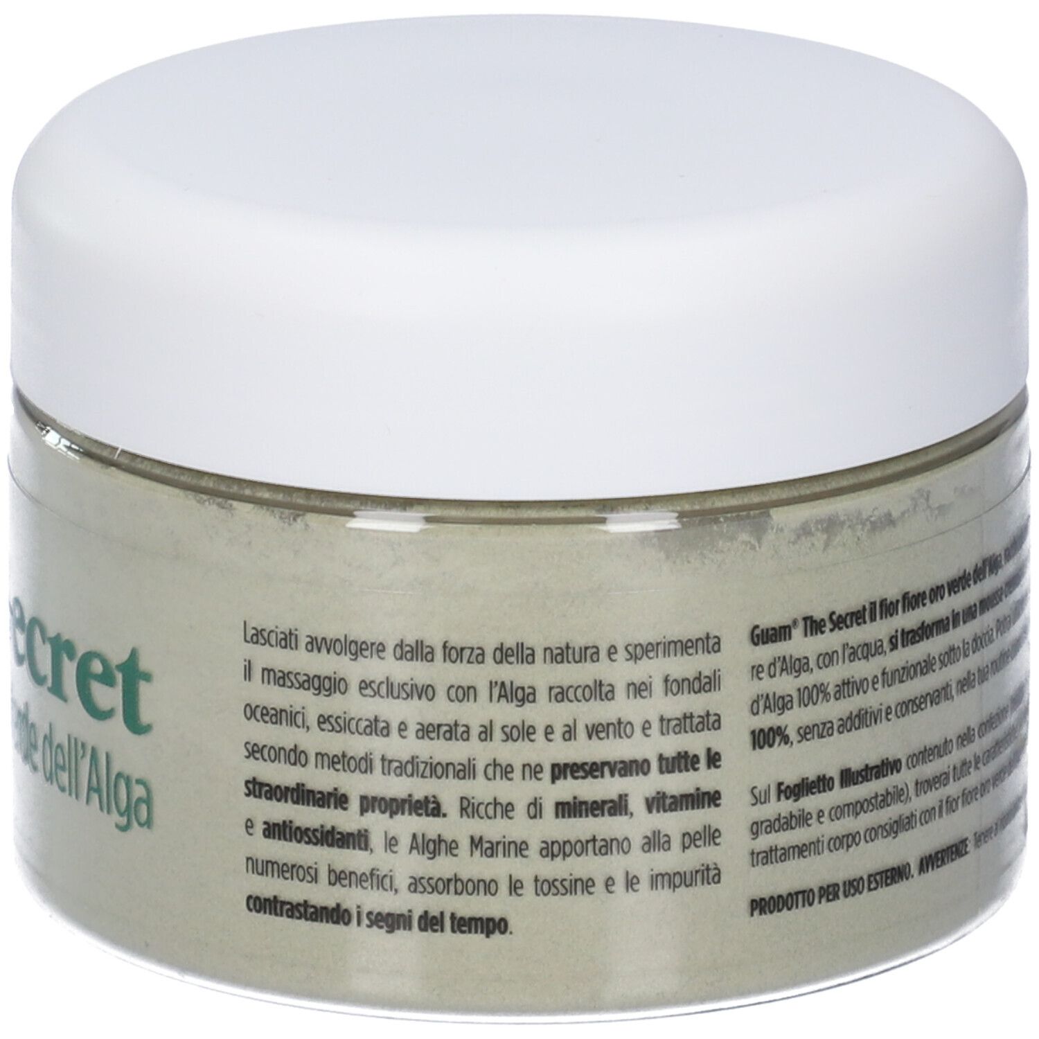 Vaso rotondo con coperchio bianco. Scritta: The Secret, Il fior fiore Oro Verde dell'Alga. Testo sul vaso.