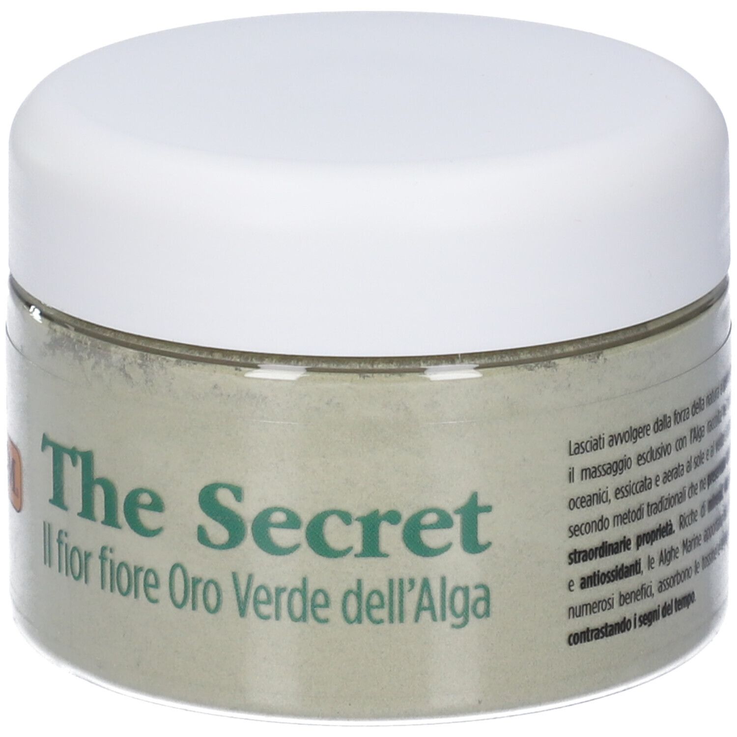 Vaso rotondo con coperchio bianco. Scritta: The Secret, Il fior fiore Oro Verde dell'Alga. Testo sul vaso.