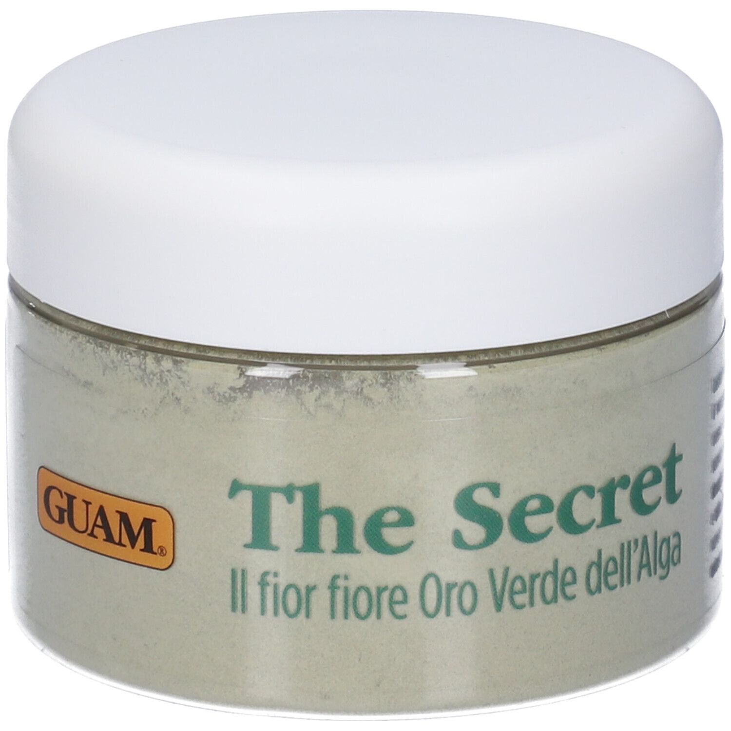 Vaso rotondo con coperchio bianco. Scritta: GUAM, The Secret, Il fior fiore Oro Verde dell'Alga. Contenuto verde visibile.