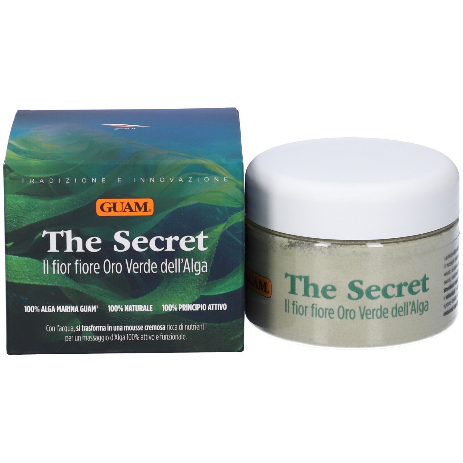 Vaso e scatola. Vaso con coperchio bianco. Scatola con testo e logo: GUAM, The Secret, Il fior fiore Oro Verde dell'Alga.