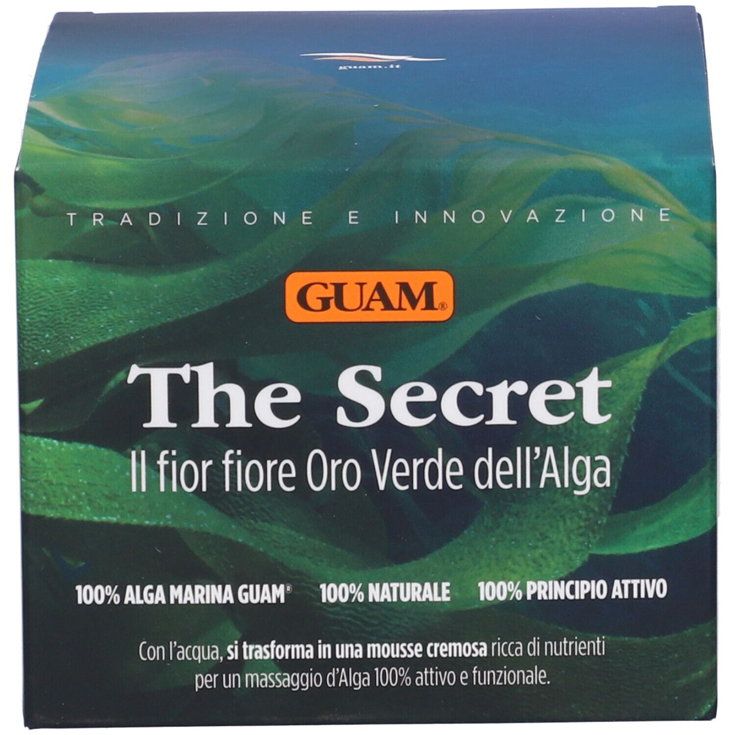 Scatola con testo e logo: GUAM, The Secret, Il fior fiore Oro Verde dell'Alga. Verde con motivo alghe.