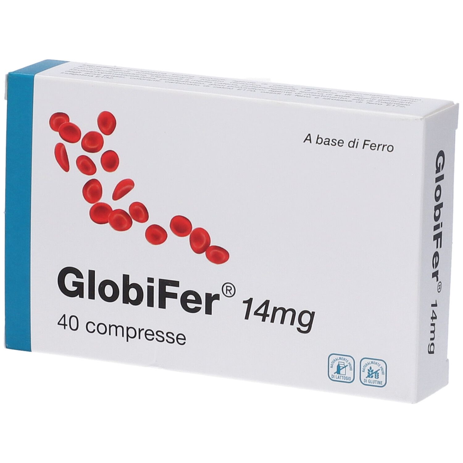 Scatola di compresse Globifer 14mg. Scritta: 40 compresse. Elementi rossi rotondi su sfondo bianco. Accenti blu.