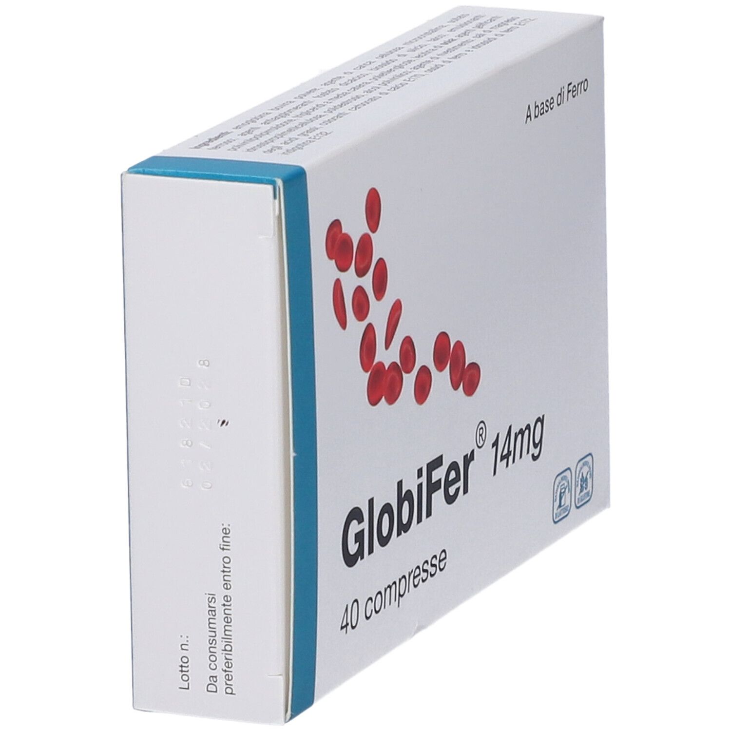 Scatola di compresse Globifer 14mg. Scritta: 40 compresse. Elementi rossi rotondi su sfondo bianco. Accenti blu.