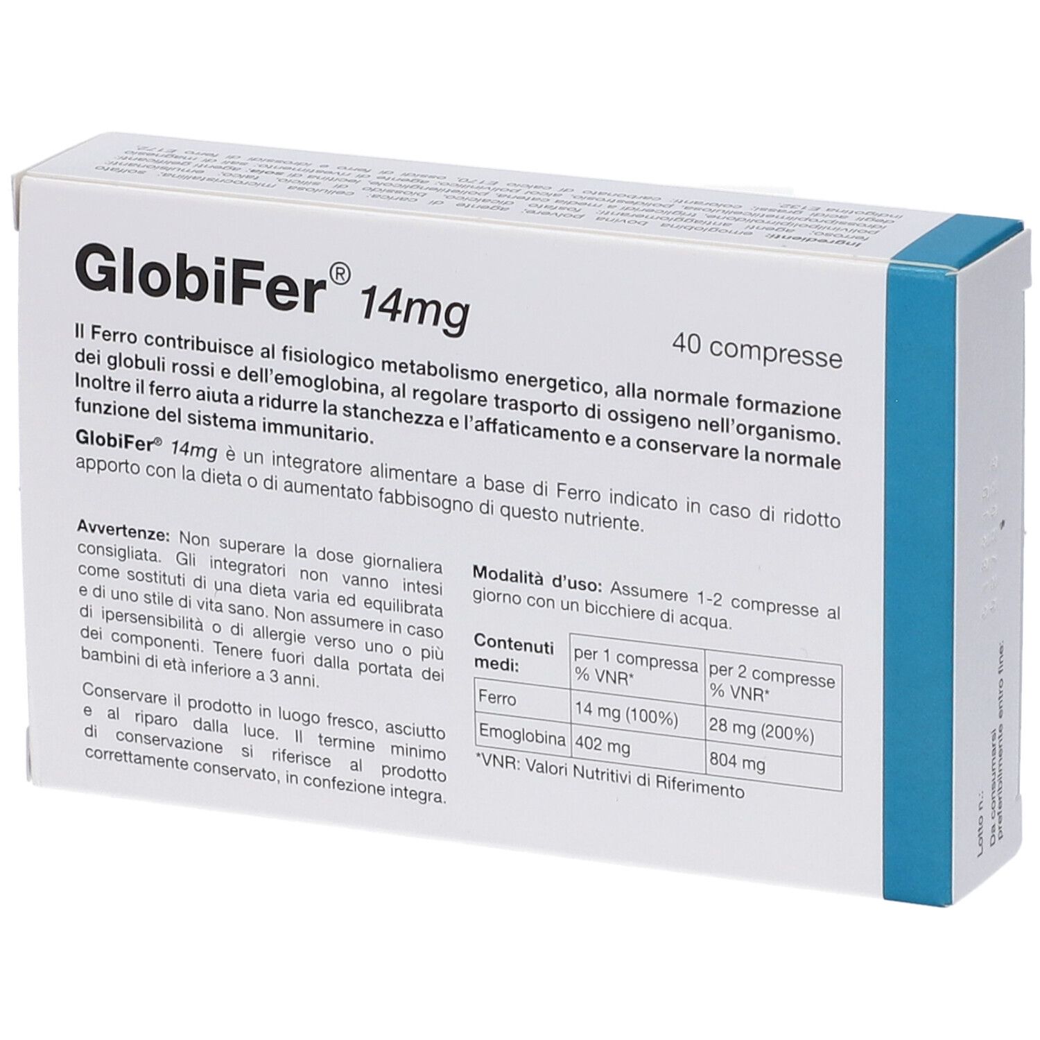 Scatola di compresse Globifer 14mg. Scritta: 40 compresse. Testo e informazioni sul retro.