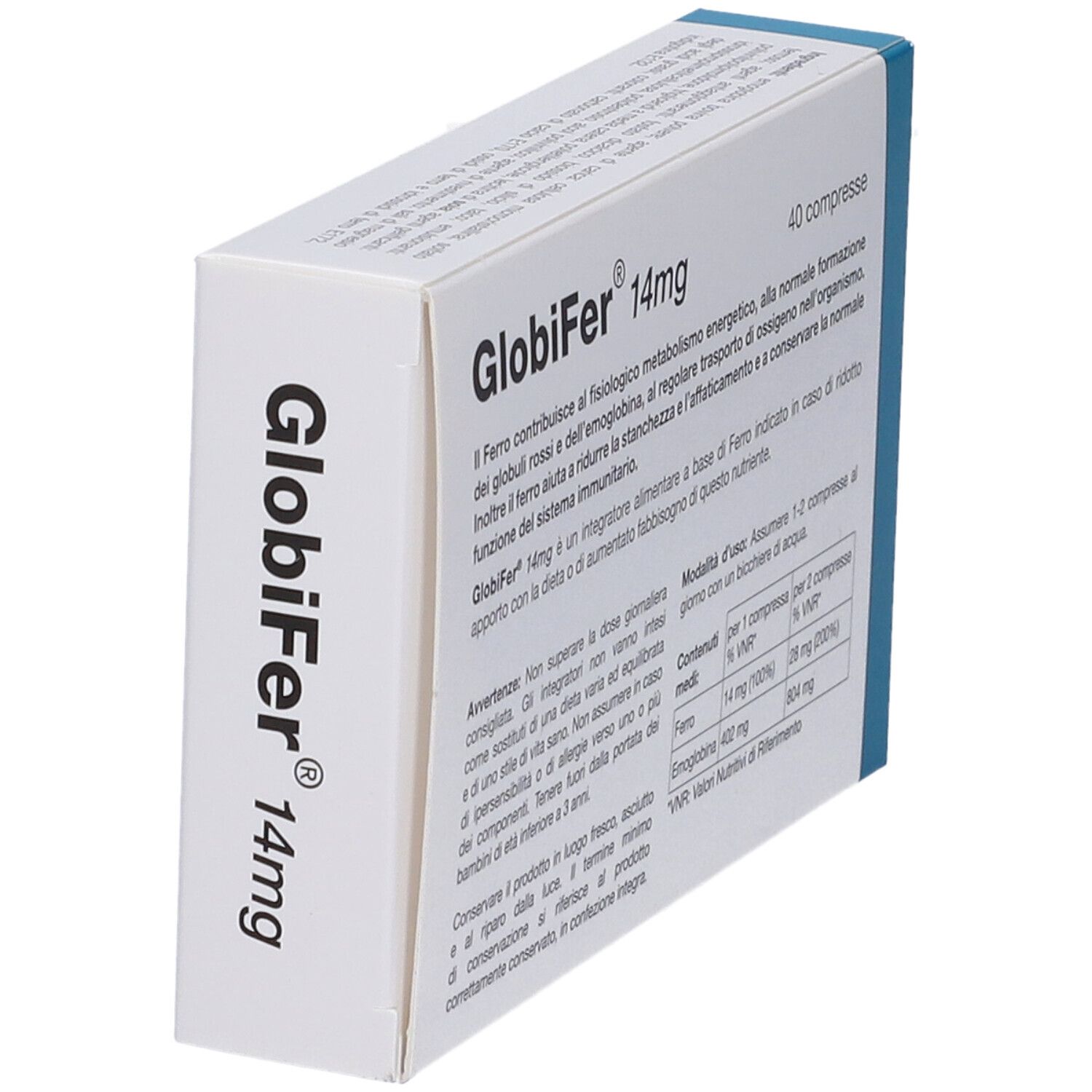 Scatola di compresse Globifer 14mg. Scritta: 40 compresse. Testo e informazioni sul retro.