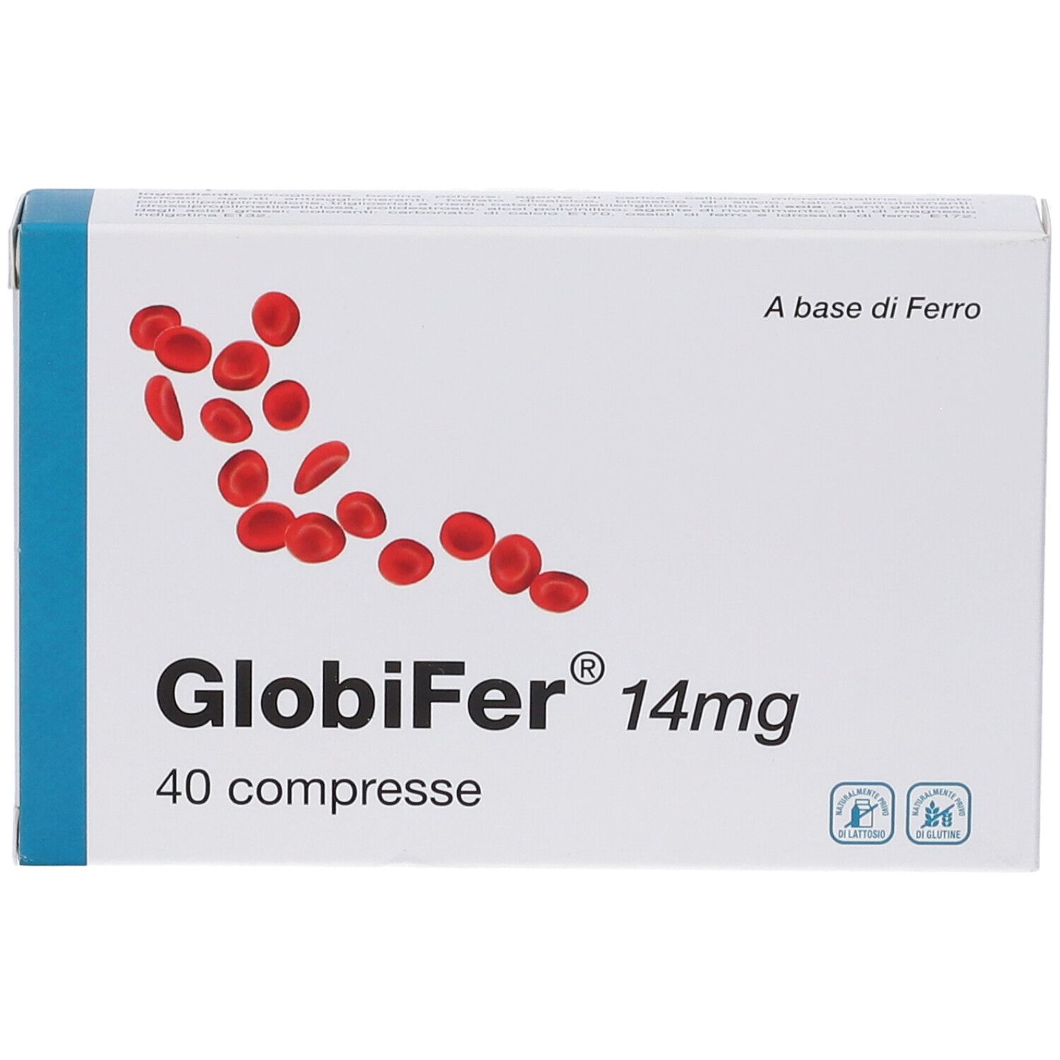 Scatola di compresse Globifer 14mg. Scritta: 40 compresse. Elementi rossi rotondi su sfondo bianco. Accenti blu.