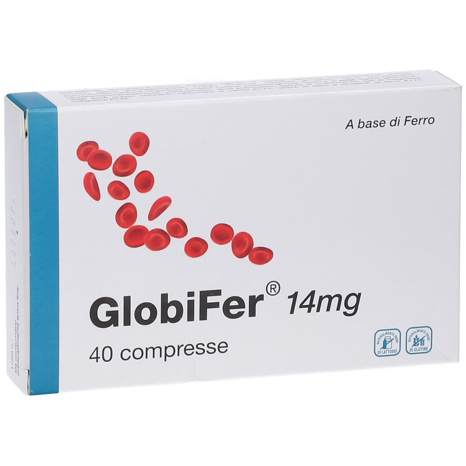 Scatola di compresse Globifer 14mg. Scritta: 40 compresse. Elementi rossi rotondi su sfondo bianco. Accenti blu.