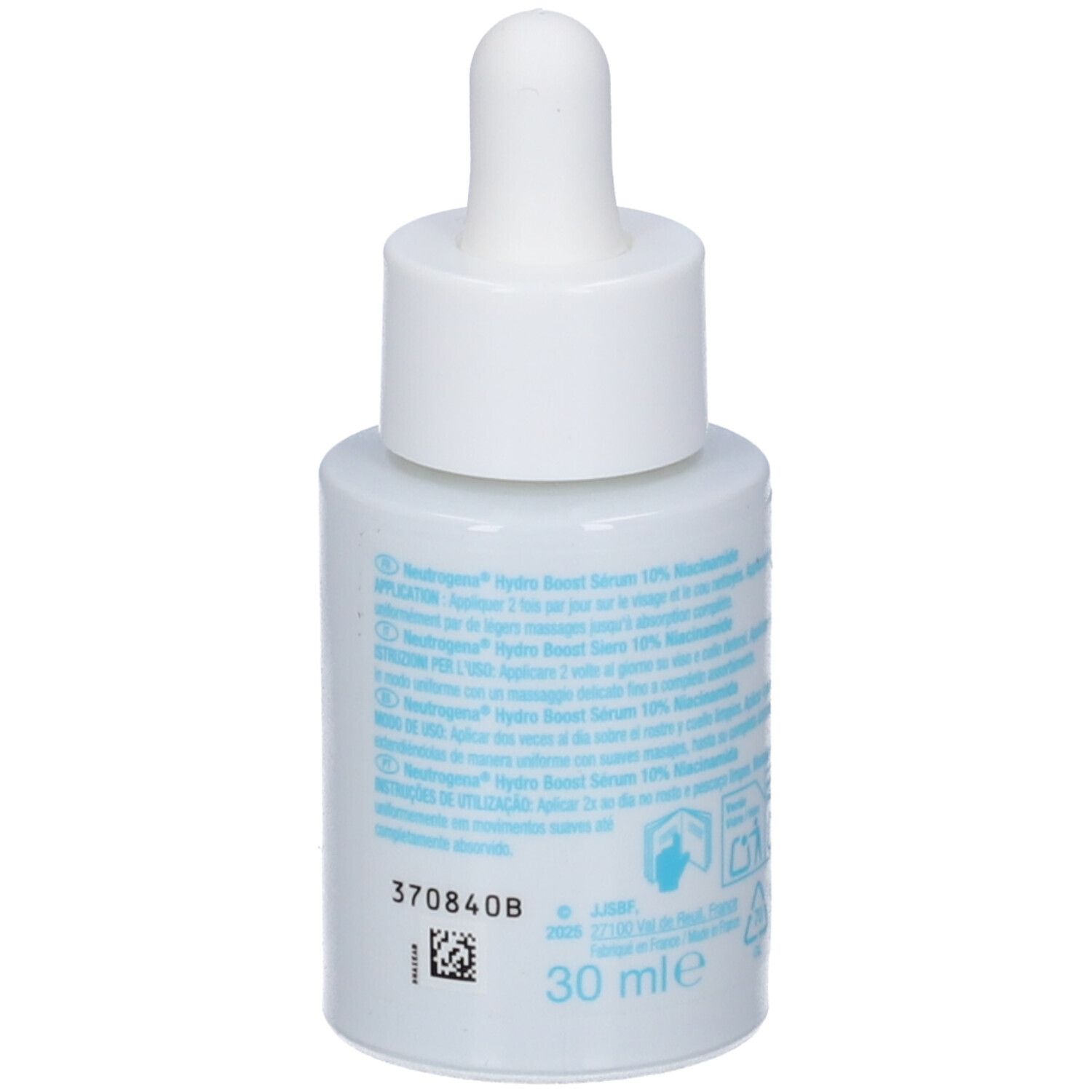 Flacone di siero bianco con pipetta. Retro con testo e indicazione 30 ml. Marchio: Neutrogena.