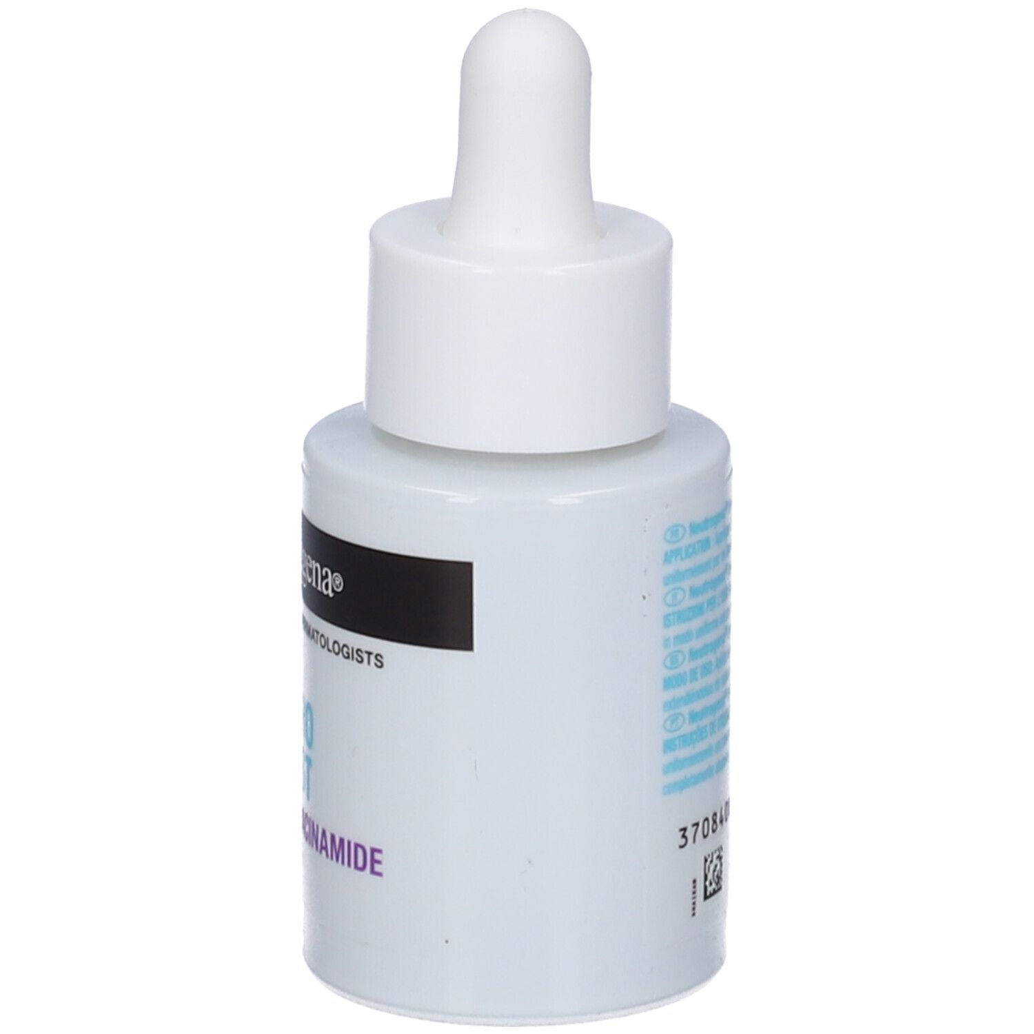 Flacone di siero bianco con pipetta. Retro con testo. Marchio: Neutrogena.