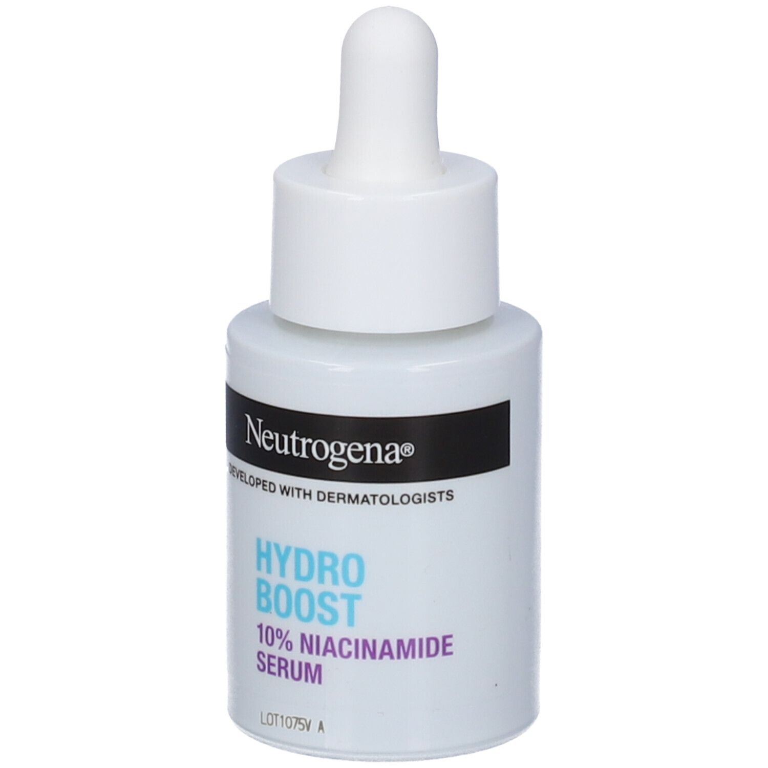 Flacone di siero bianco con pipetta. Scritta: Hydro Boost, 10% Niacinamide Serum. Marchio: Neutrogena.