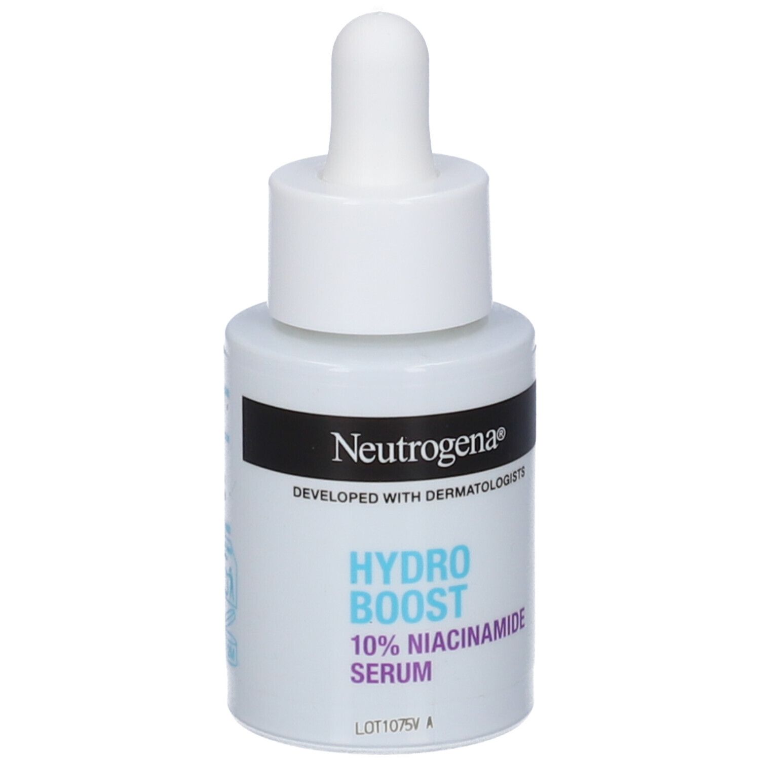 Flacone di siero bianco con pipetta. Scritta: Hydro Boost, 10% Niacinamide Serum. Marchio: Neutrogena.