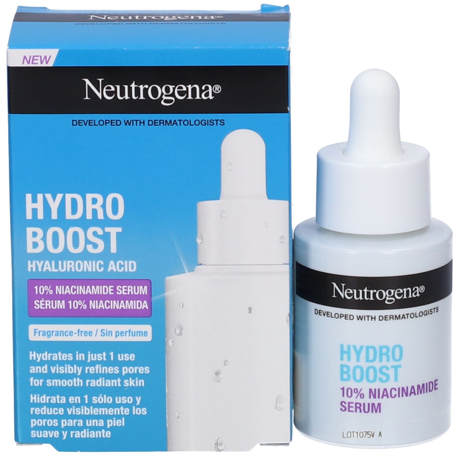 Prodotto e confezione. Flacone con pipetta e scatola. Scritta: Hydro Boost, 10% Niacinamide Serum. Marchio: Neutrogena.