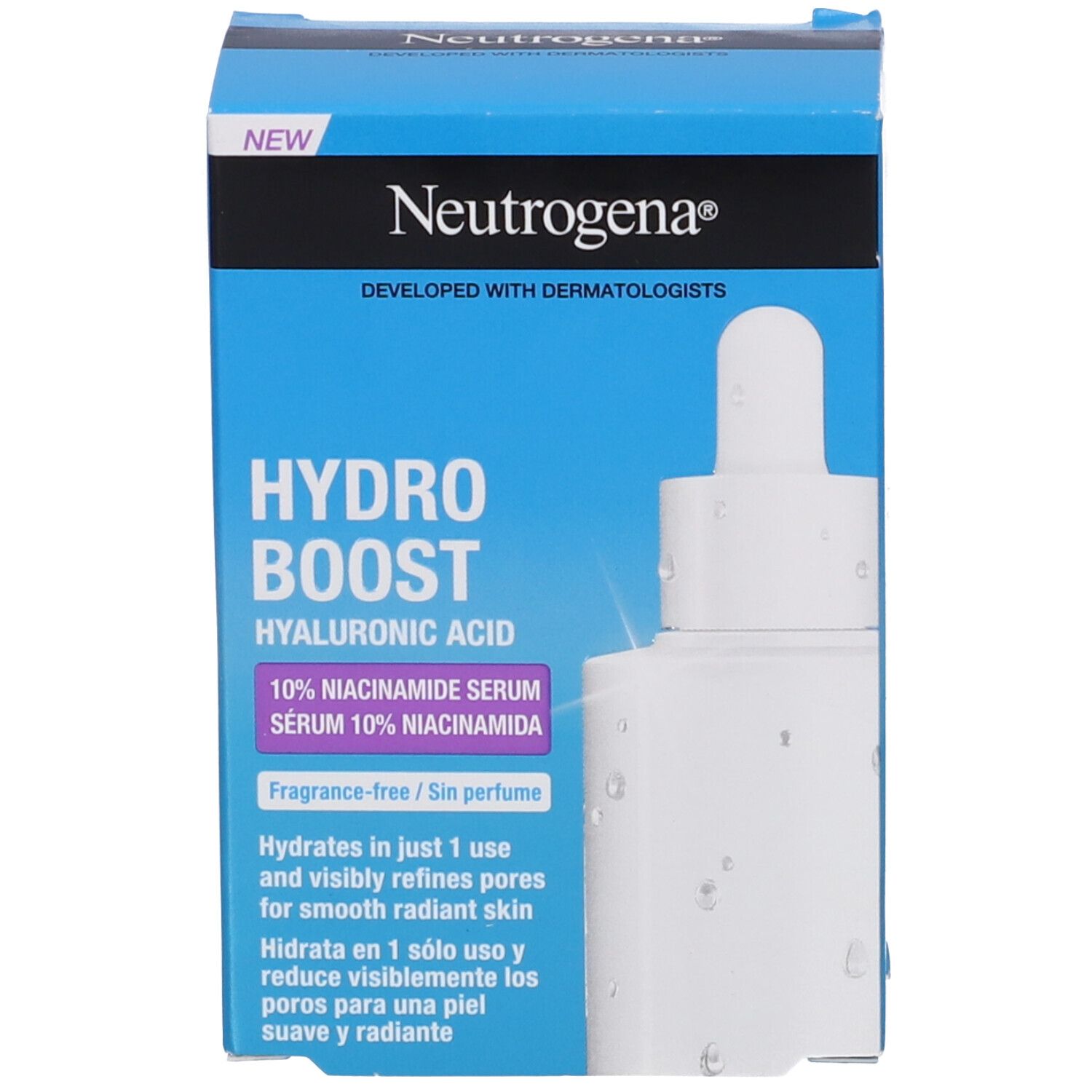 Confezione in cartone. Scritta: Hydro Boost, 10% Niacinamide Serum. Marchio: Neutrogena.