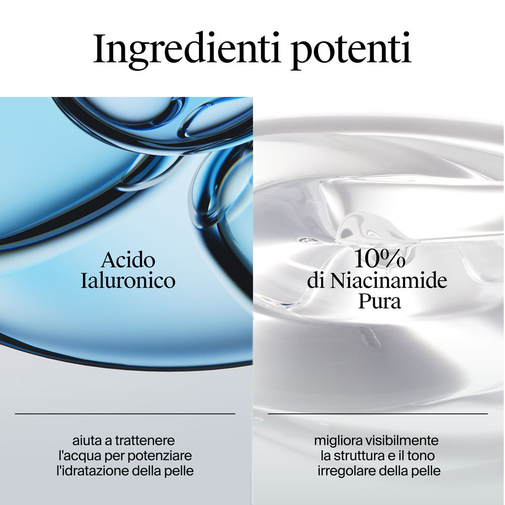 Ingredienti: Acido Ialuronico e 10% Niacinamide pura. Testo: Aiuta a trattenere l'idratazione.