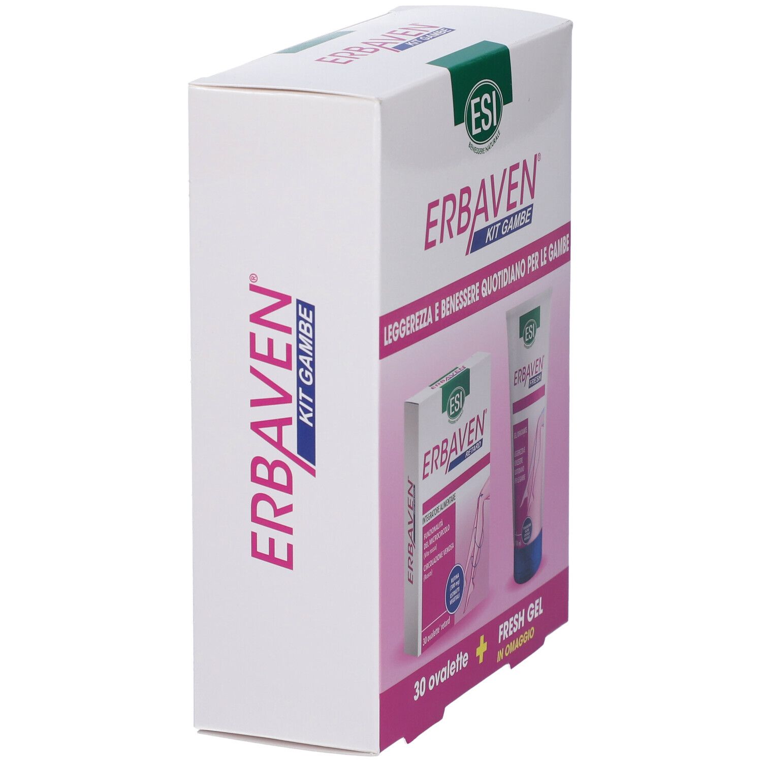 Confezione ESI Erbaven Kit Gambe, angolata. Contiene 30 ovalette e gel fresco. Testo: Erbaven, Kit Gambe, ESI.