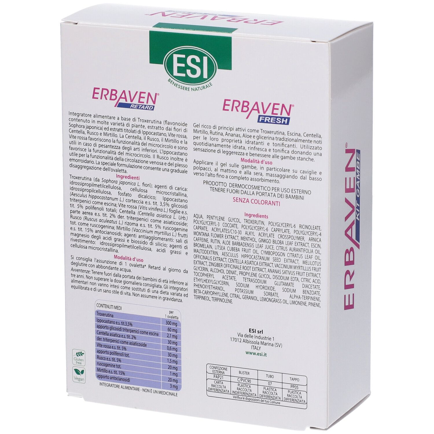 Retro della confezione ESI Erbaven Kit Gambe. Contiene ingredienti e informazioni. Testo: Erbaven, ESI.
