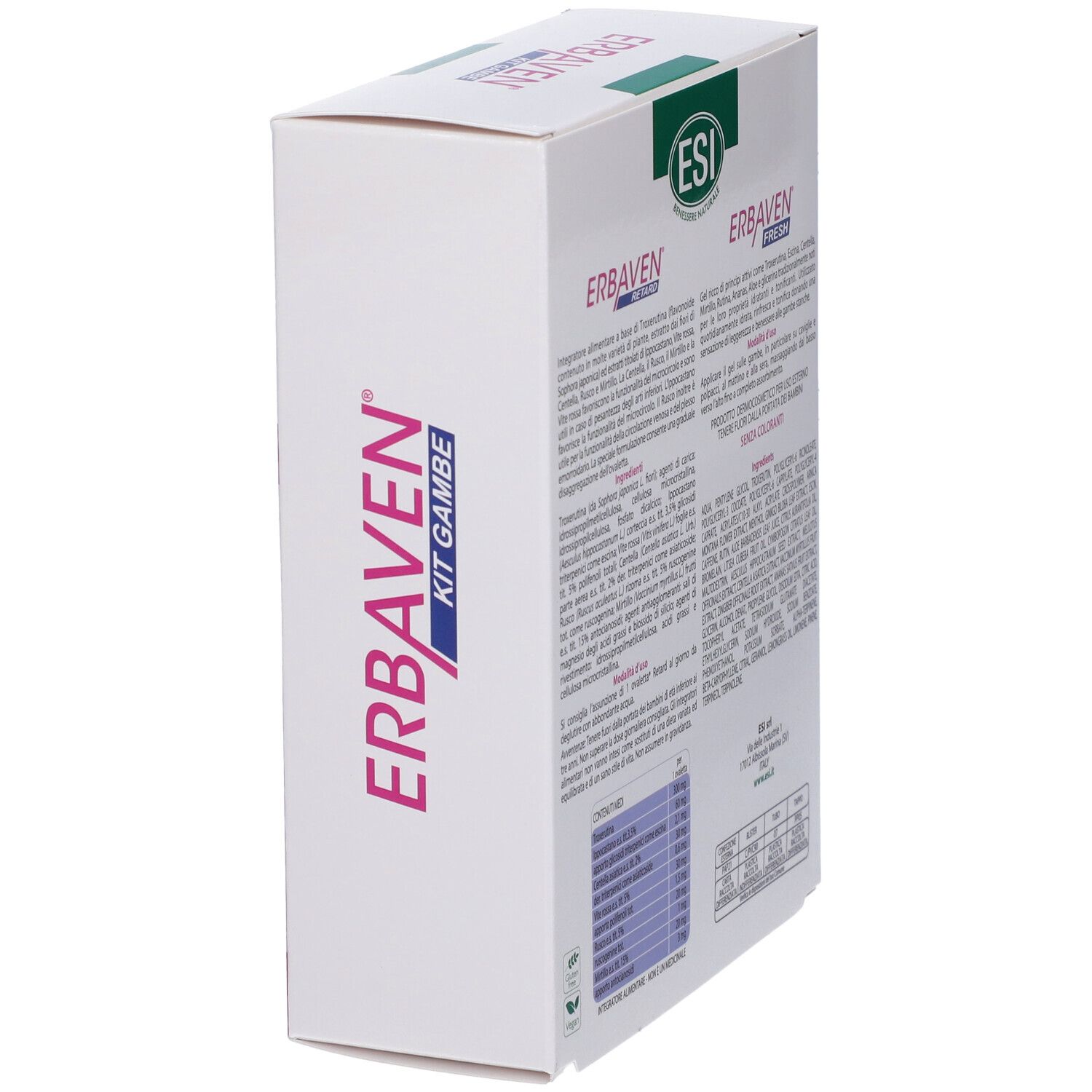 Vista laterale della confezione ESI Erbaven Kit Gambe. Testo: Erbaven, Kit Gambe, ESI.