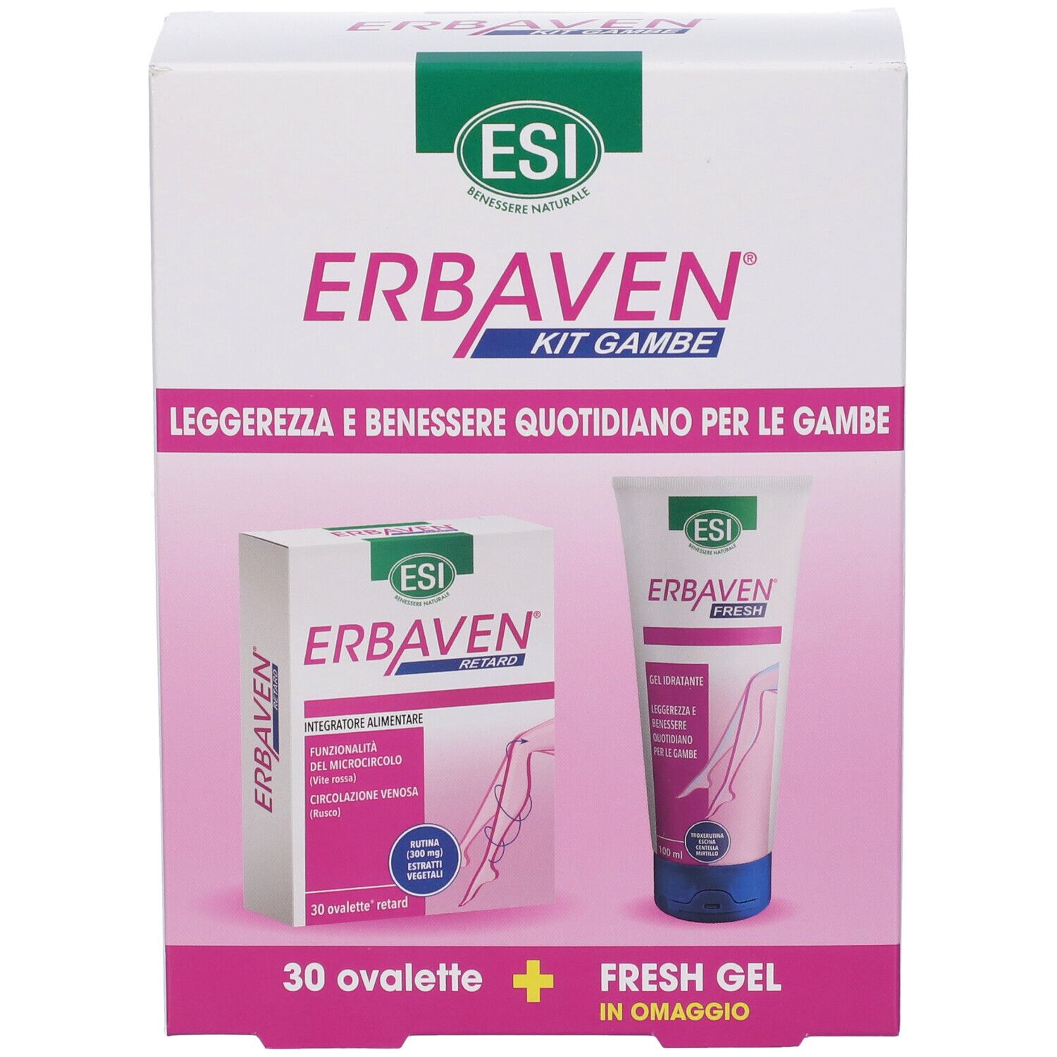 Confezione ESI Erbaven Kit Gambe. Contiene 30 ovalette e gel fresco. Testo: Erbaven, Kit Gambe, ESI.