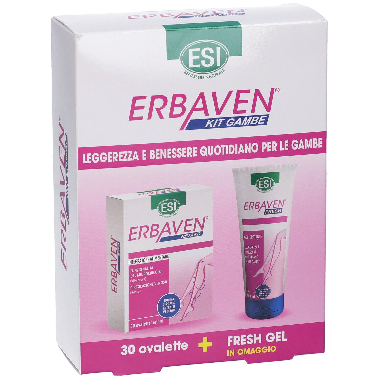 Confezione ESI Erbaven Kit Gambe. Contiene 30 ovalette e gel fresco. Testo: Erbaven, Kit Gambe, ESI.
