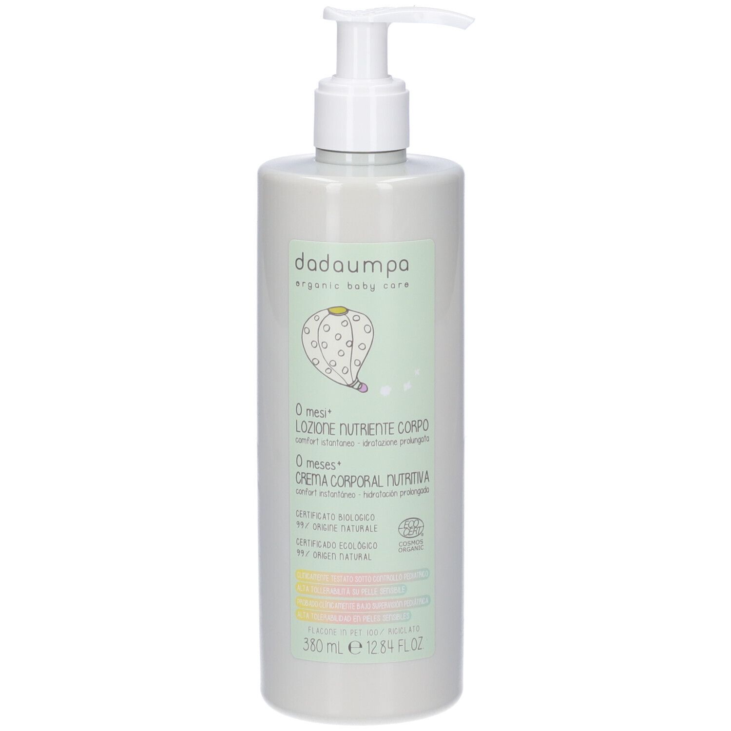 Flacone verde chiaro con dosatore bianco. Scritta: Dadaumpa, 0+ mesi, Lozione Nutriente Corpo. Certificazione BIO.