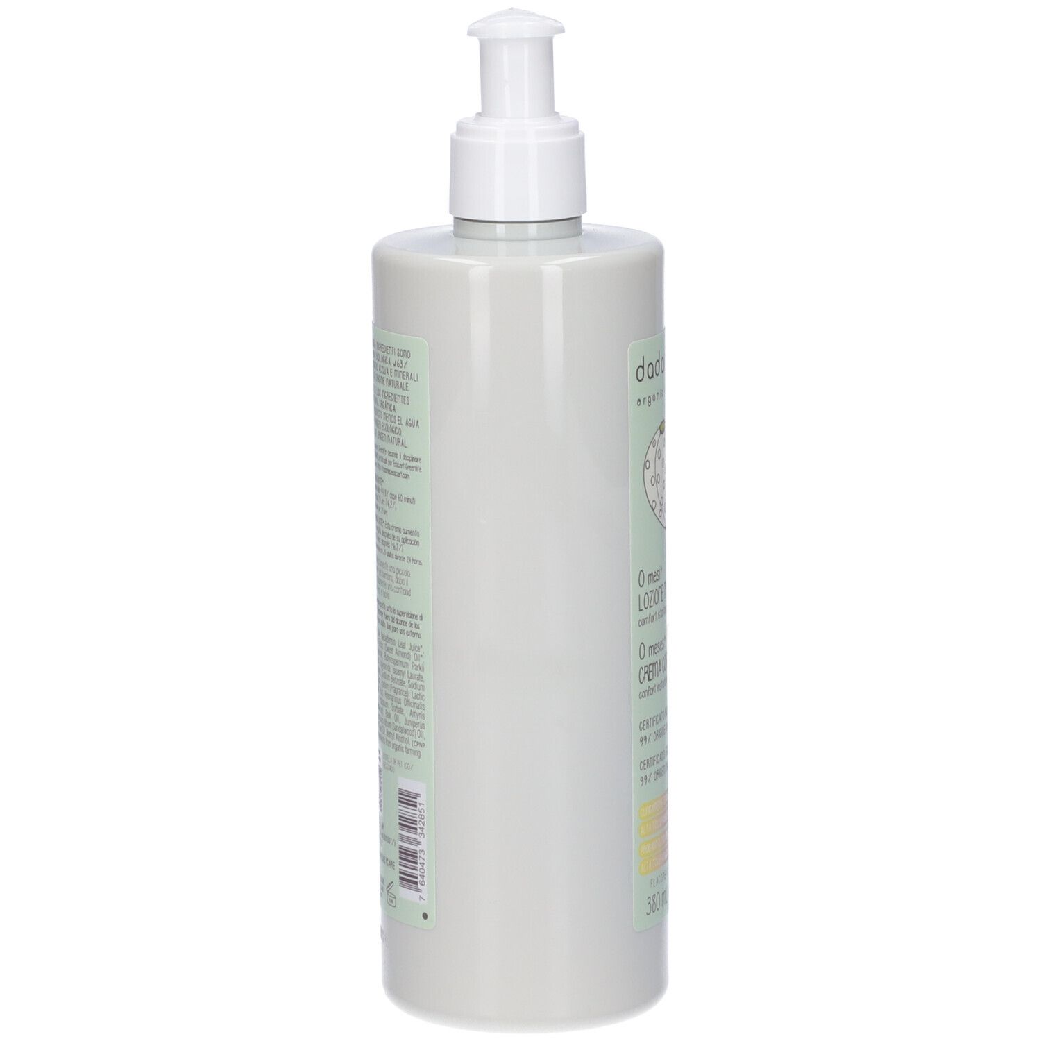 Flacone verde chiaro con dosatore bianco. Scritta illeggibile. Certificazioni sul flacone.