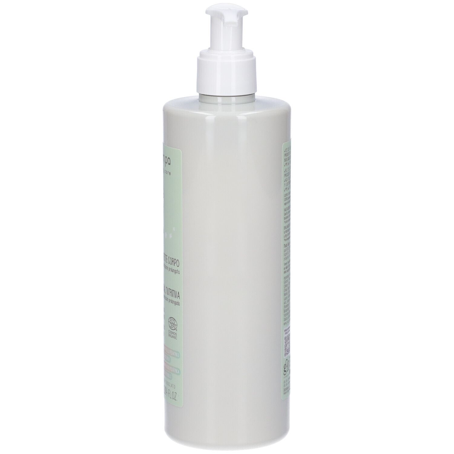 Flacone verde chiaro con dosatore bianco. Scritta illeggibile. Certificazioni sul flacone.