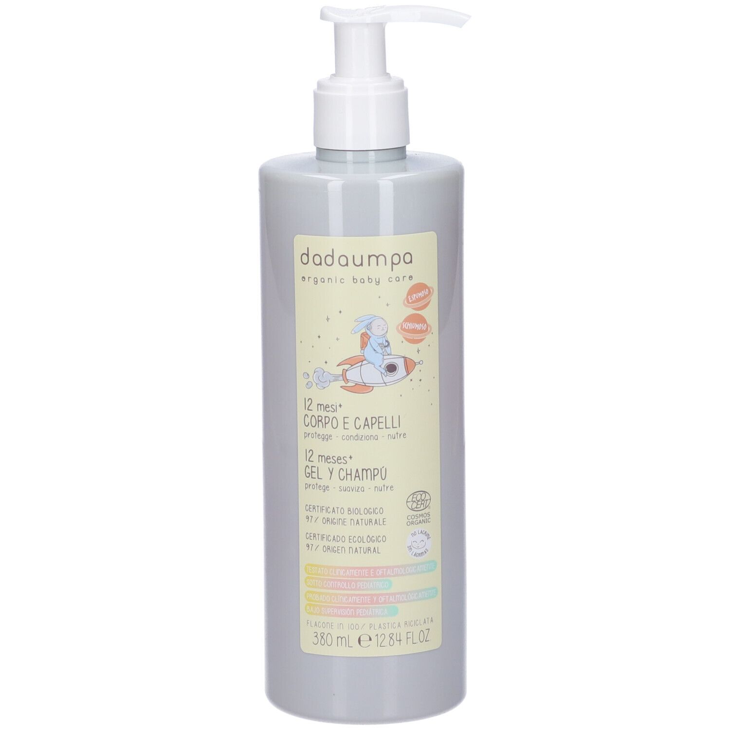 Flacone grigio con dosatore bianco. Etichetta con nome prodotto, illustrazione e certificazione BIO.