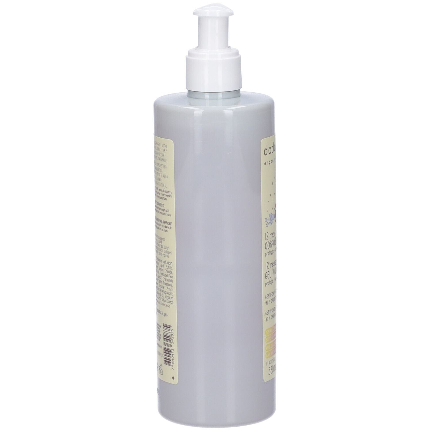 Flacone grigio con dosatore bianco. Etichetta con informazioni prodotto e certificazione BIO.