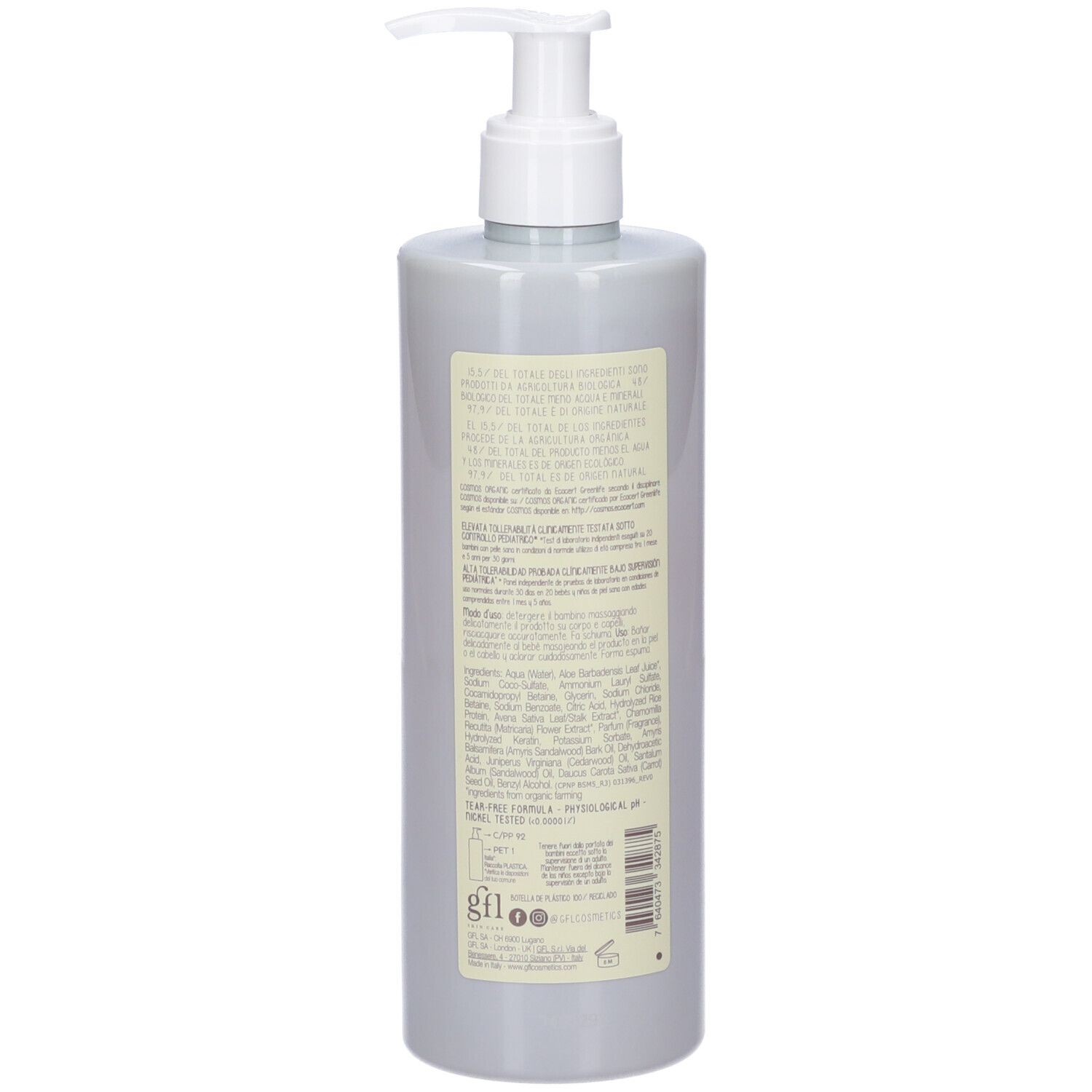 Flacone grigio con dosatore bianco. Etichetta con informazioni prodotto e certificazione BIO.