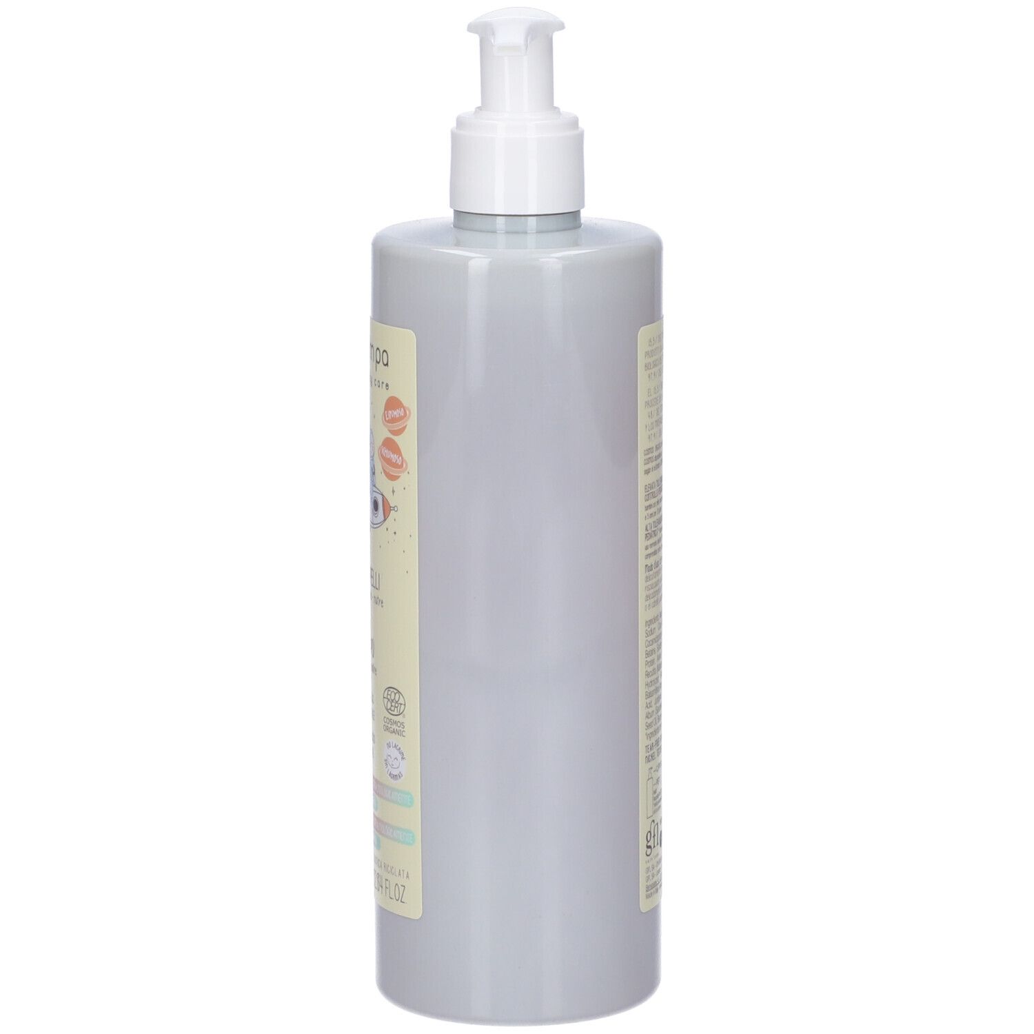 Flacone grigio con dosatore bianco. Etichetta con informazioni prodotto e certificazione BIO.