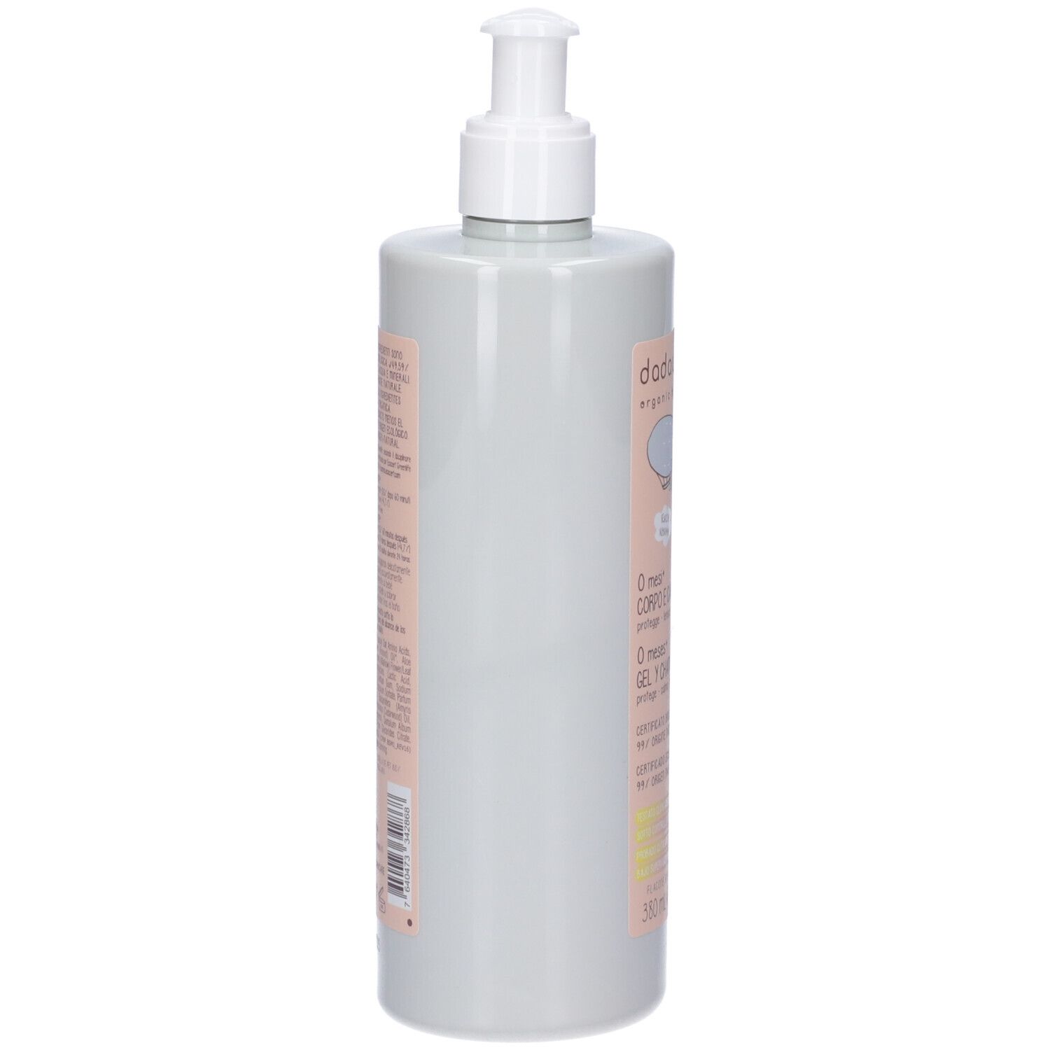 Flacone grigio con dosatore bianco. Etichetta con testo e logo. Certificazione BIO.